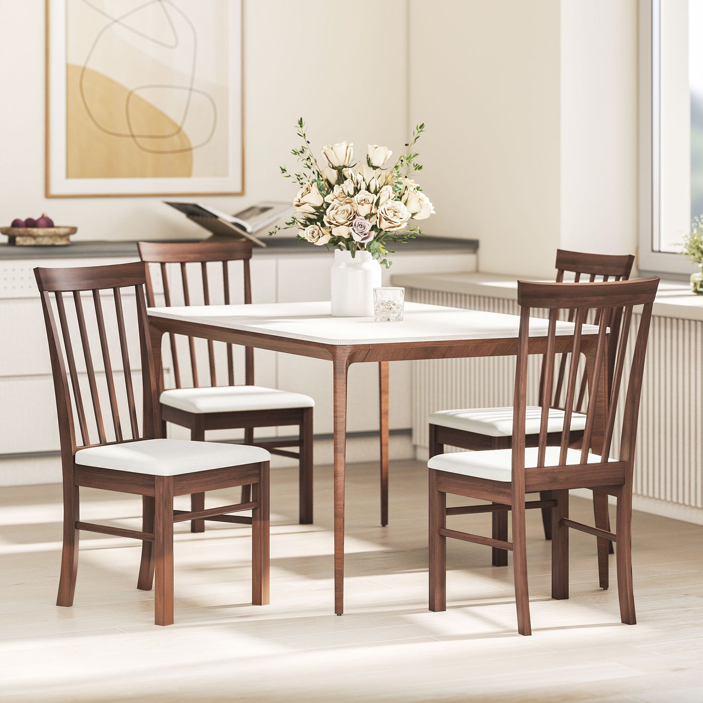 Set of 2 Upholstered Wooden Dining Chairs - Dark Brown & Beige