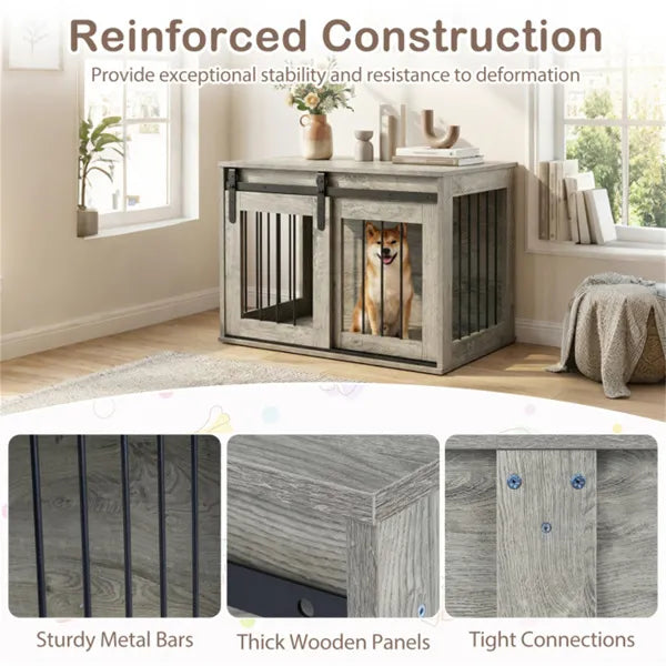 Dog Crate Furniture with Sliding Barn Door - 31.5-Inch Wooden Indoor Kennel & End Table - Gray