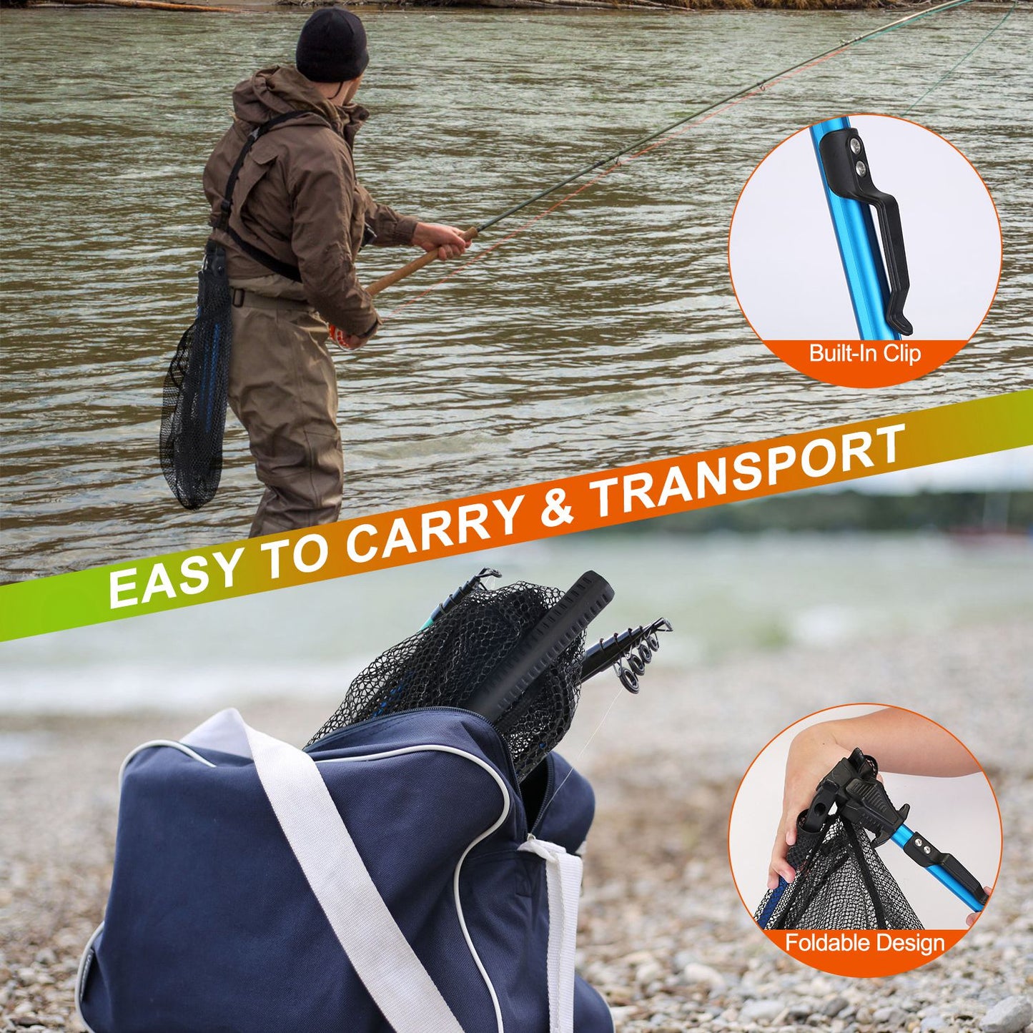Foldable Fishing Net with Aluminum Alloy Handle - Black