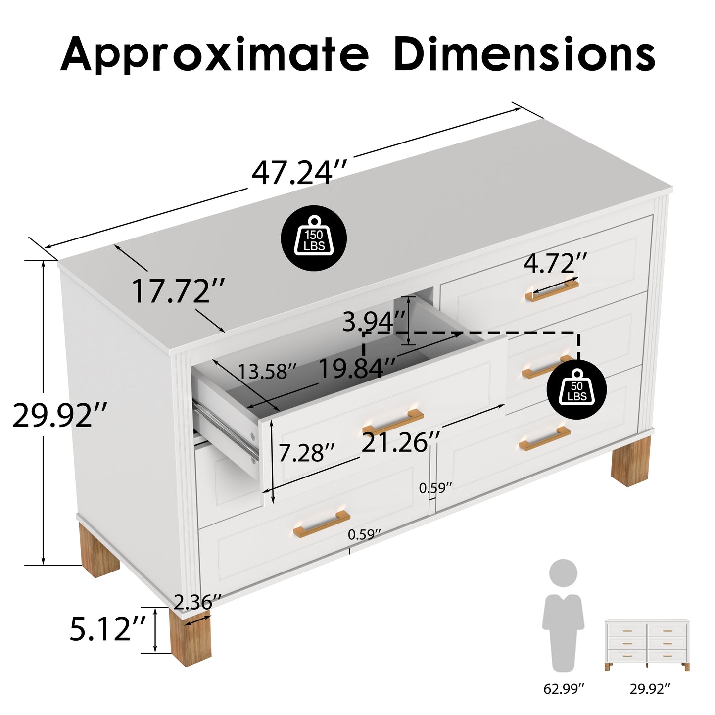 6-Drawer Double Dresser in White - Modern Kids Bedroom Storage
