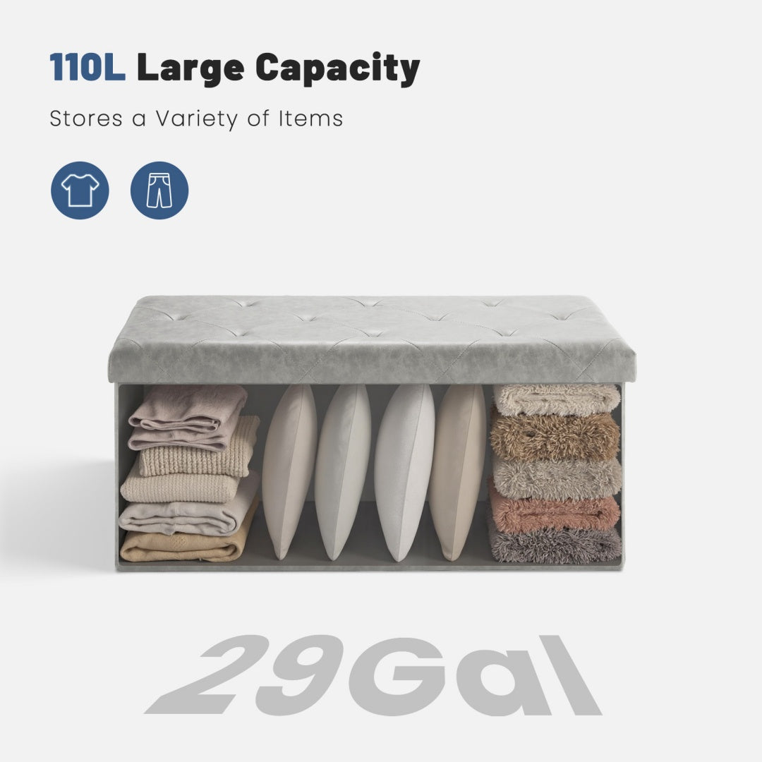43-Inch Foldable Storage Bench - Grey PVC, 660 lbs Capacity