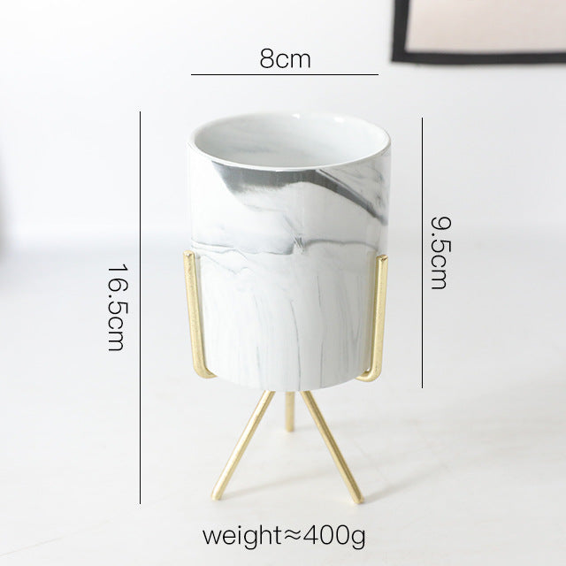 Gold-Plated Iron Frame Succulent Flower Pot with Marbling Ceramic Planter - Multiple Sizes