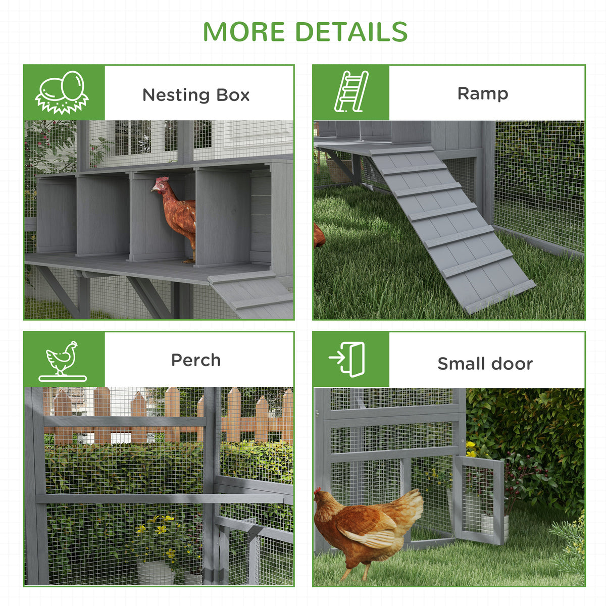 Large Chicken Coop with Nesting Box and Water-Resistant Cover - Gray, 1240x740x225mm