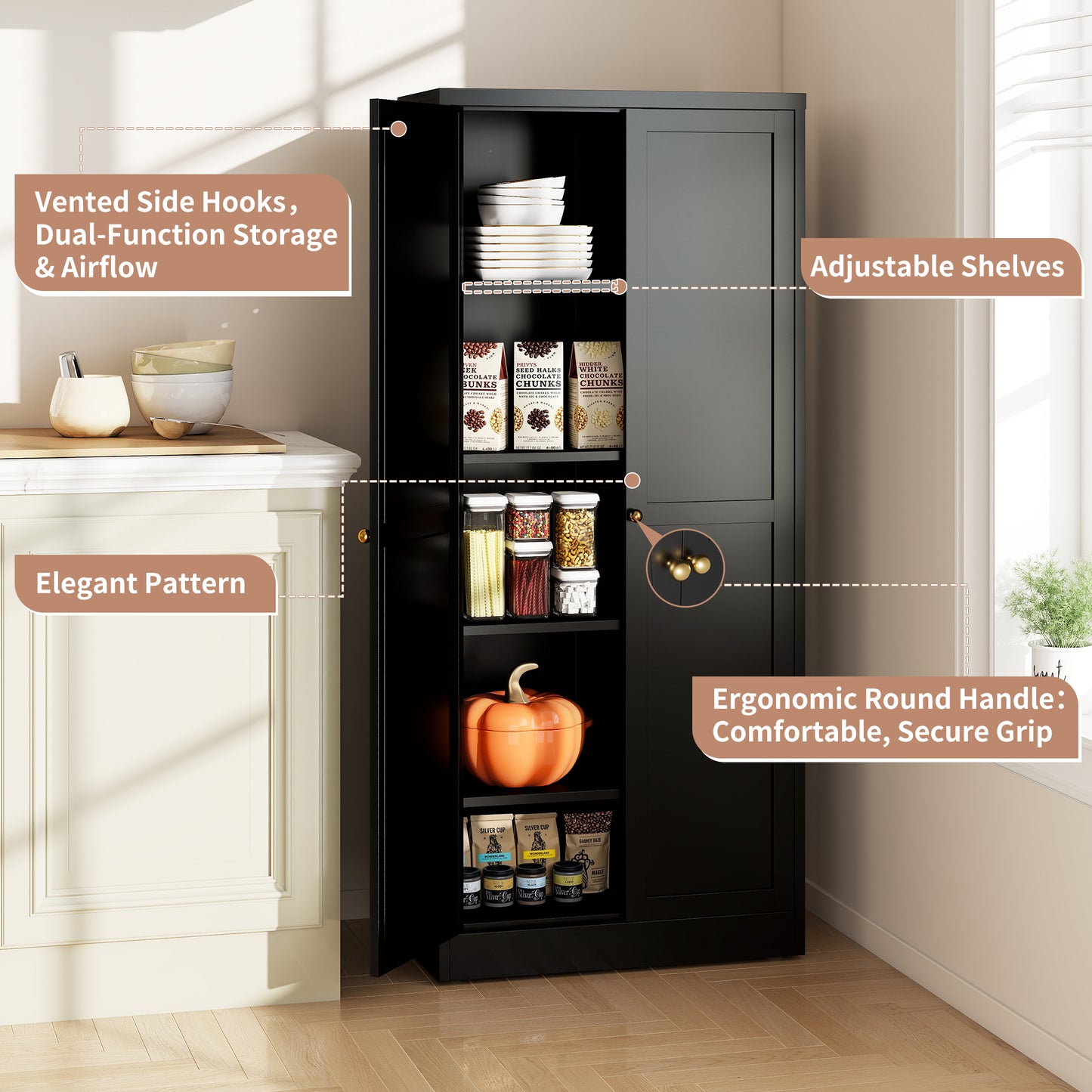 61 Black Metal Kitchen Pantry Cabinet Adjustable Storage With 4
