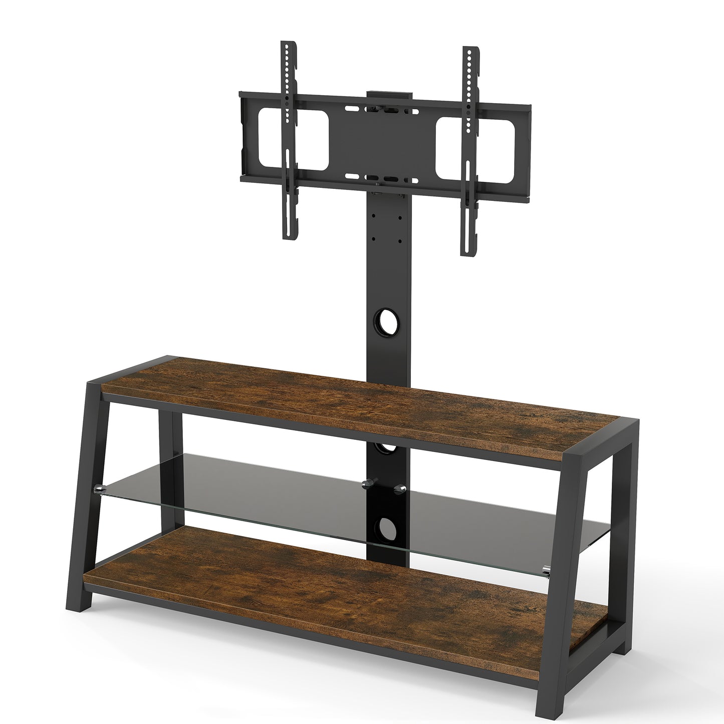 Height Adjustable Wooden TV Stand with Black Tempered Glass - Acacia Wood