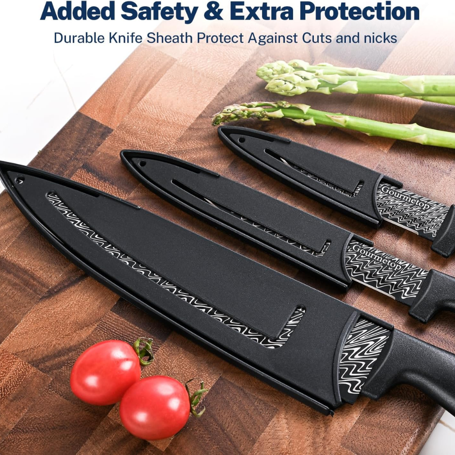 3-Piece Kitchen Knife Set with Blade Covers - Black Damascus Pattern