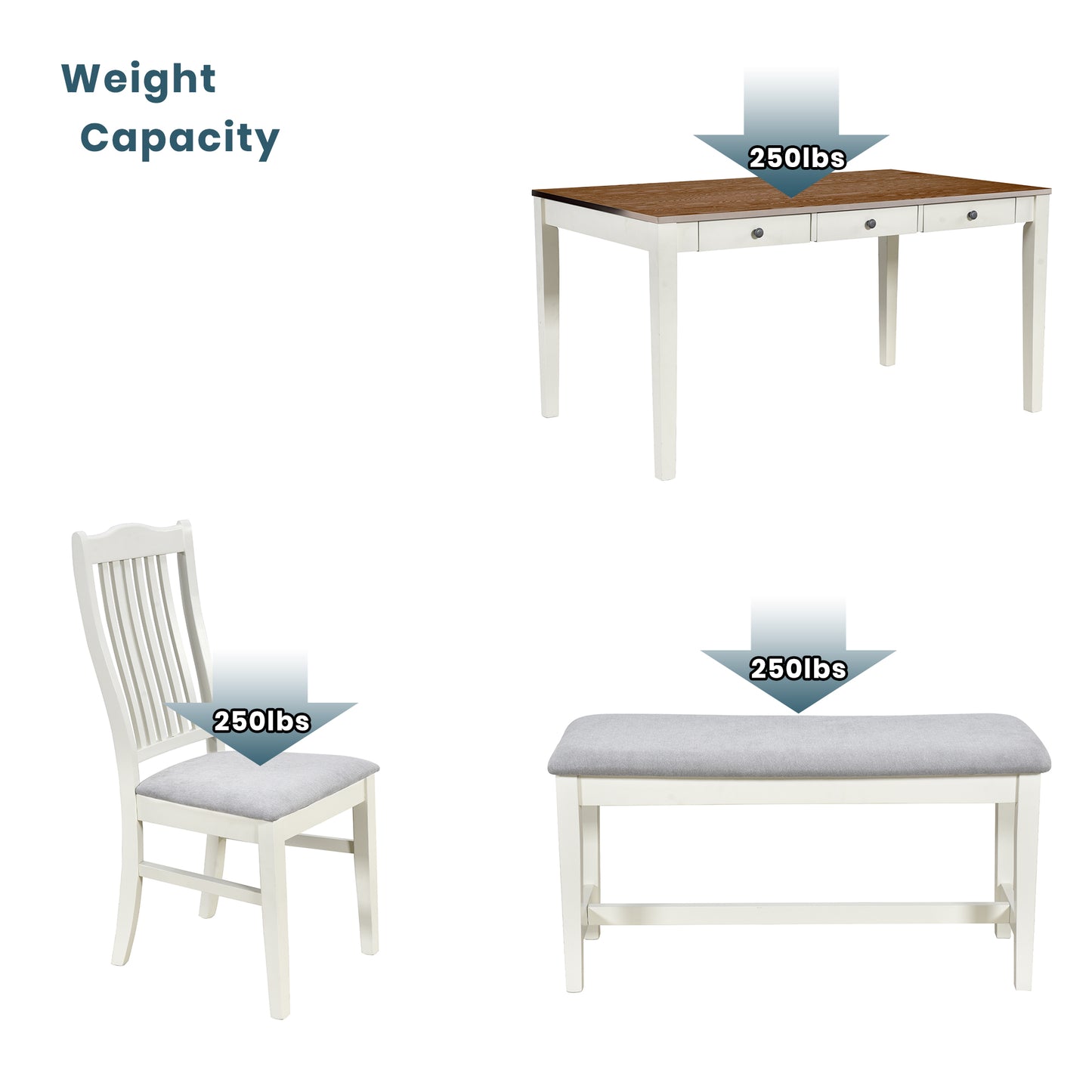 Mid-Century 6-Piece Wood Dining Table Set with Drawer - White