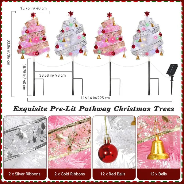 Prelit Pathway Christmas Trees Set of 4 - 33.86" Solar Xmas Decor