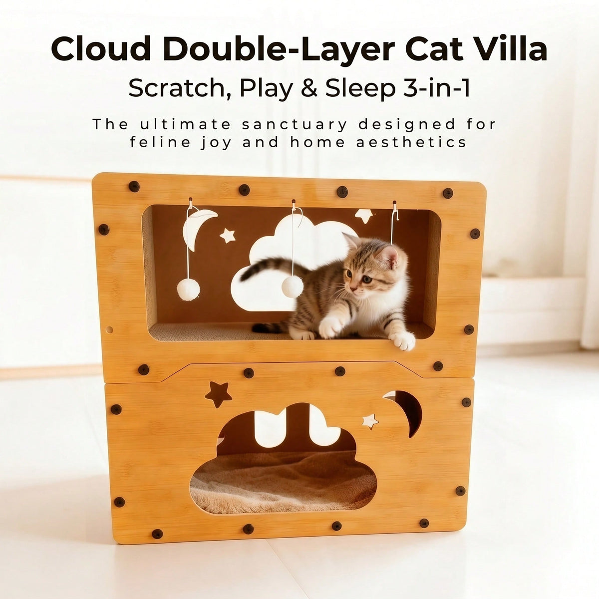 Double Layer Cat Scratcher House Large Space Cat Bed with Hanging Toy