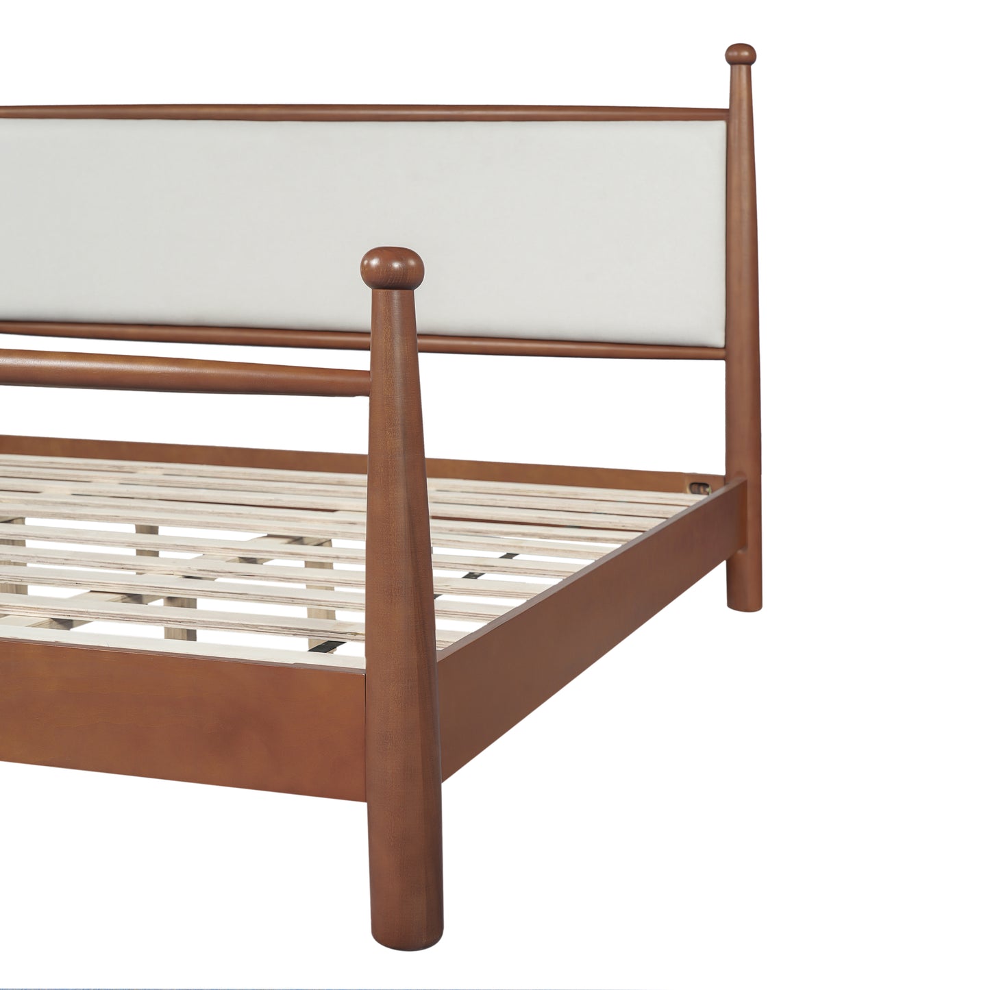 King Bed Frame with Upholstered Headboard - Solid Poplar & Plywood - Beige Walnut