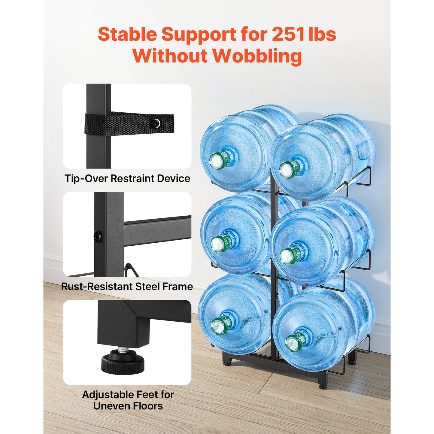 Heavy Duty Water Jug Holder Rack - 3 Tiers for 3 & 5 Gallon Bottles, Foldable with Casters & Handles, Kitchen & Office Organizer