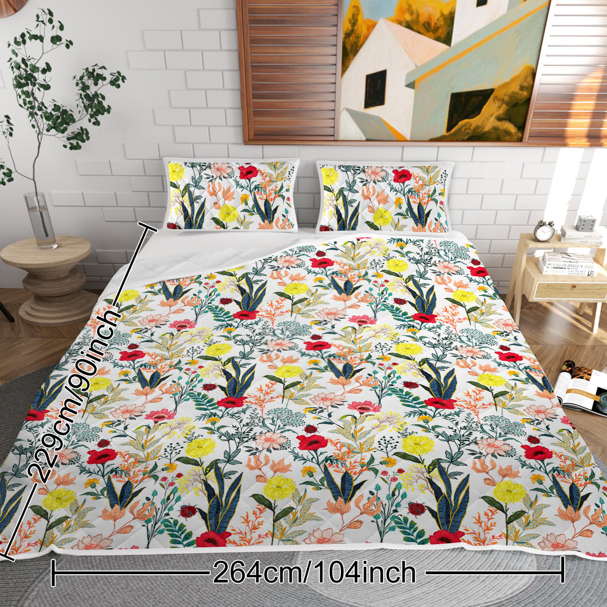 Floral Microfiber Quilt Set - Lightweight Bedspread & Pillow Shams