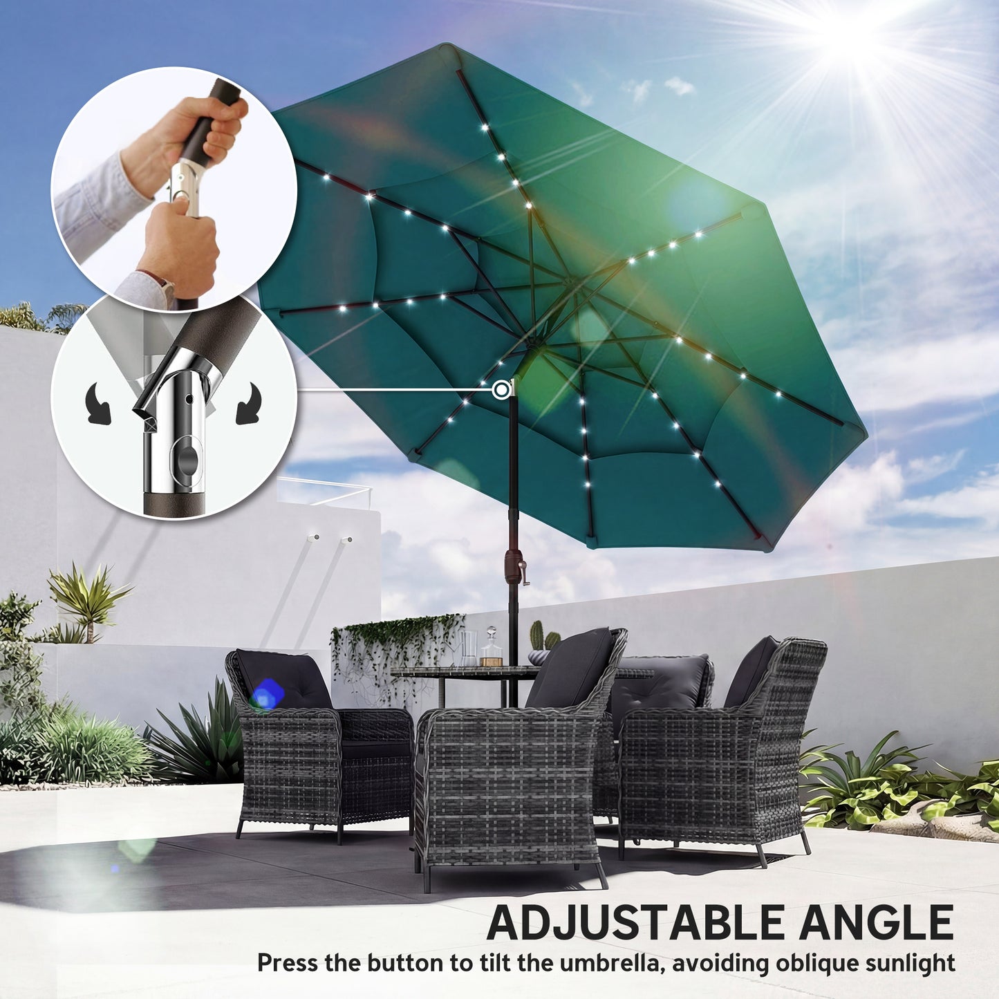 9.7 ft Solar LED Patio Umbrella with Tilt & Crank - Teal