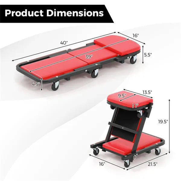 Foldable Garage Creeper with Padded Seat & 6 Universal Casters