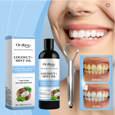 Coconut Mint Oil Pulling Mouthwash with Tongue Scraper for