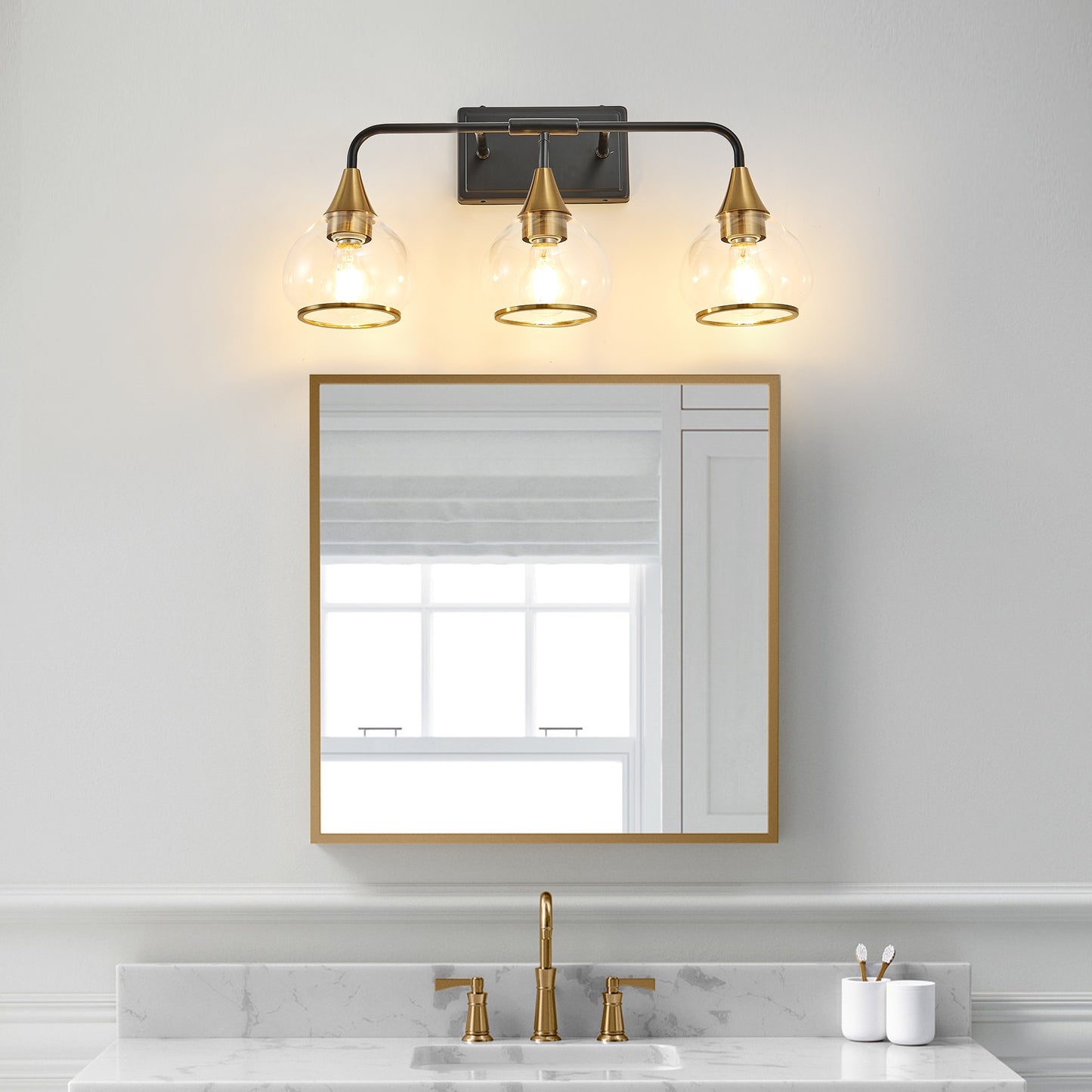 Modern 23in Black and Gold Wall Sconce with Clear Glass Shades - Vanity & Bathroom Light Fixture