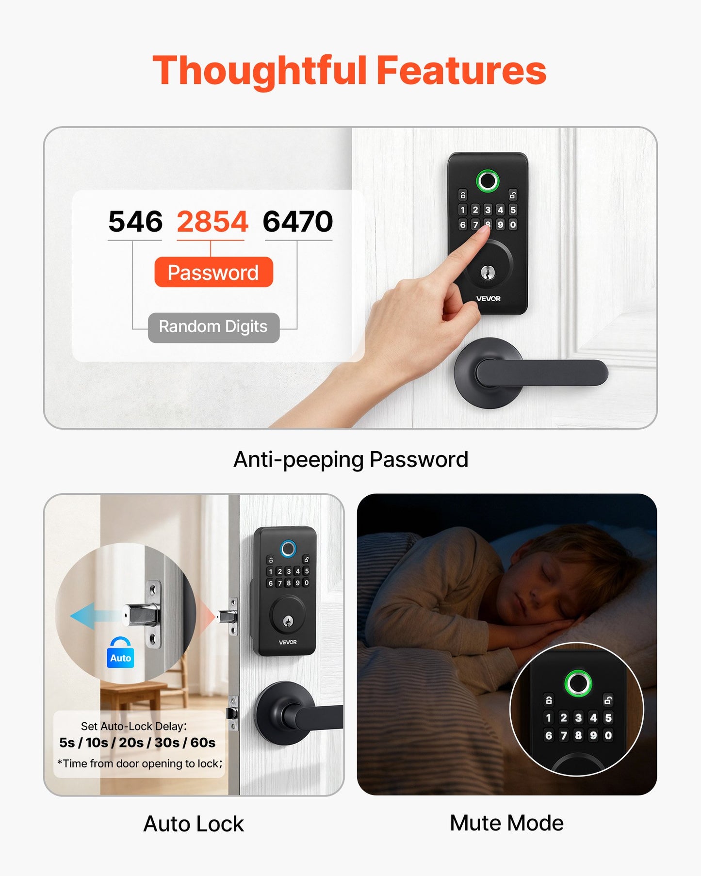 Keyless Fingerprint Door Lock Set with Handle - Auto Lock, Anti-Peek, Matte Black