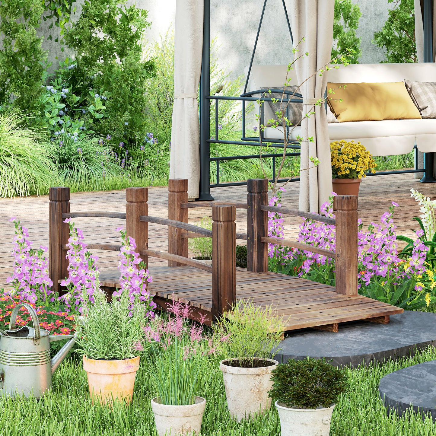 Wooden Garden Bridge with Side Railings - 60 Inch Stained Fir Wood Walkway