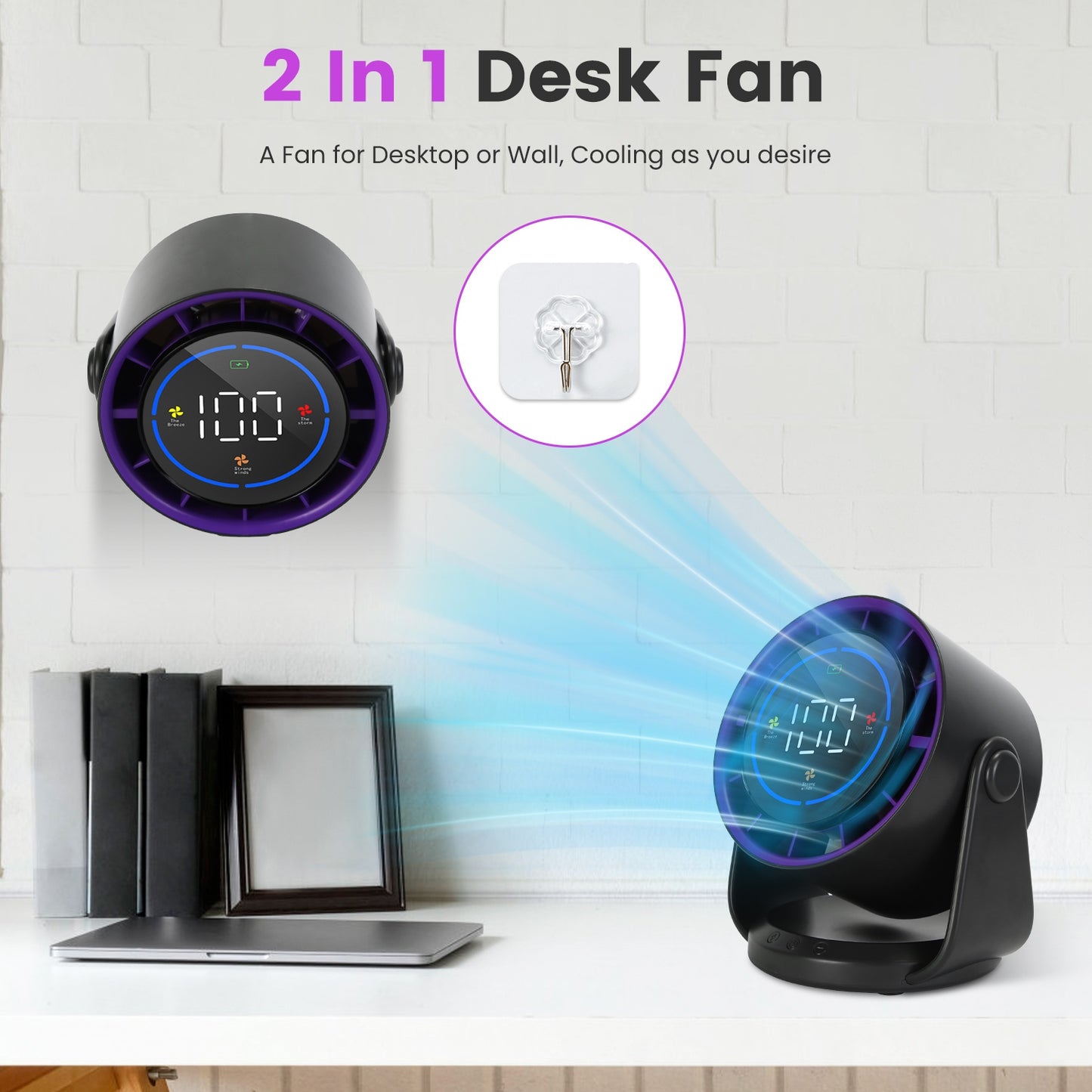 Rechargeable Battery-Operated Mini Desk Fan with 120° Tilt, USB & Wall Mount, 4000mAh