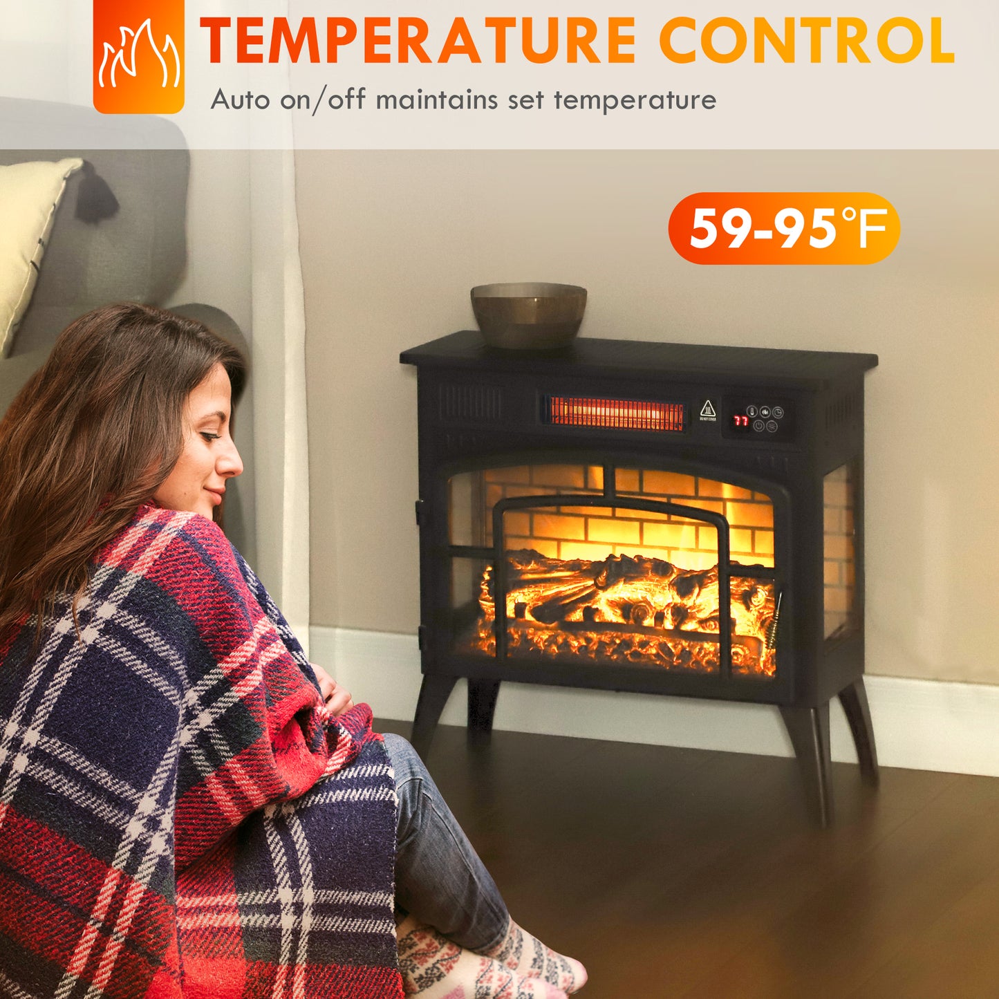 Electric Fireplace Stove with 3-Sided Glass and Remote Control - Black, 655x315x515 mm
