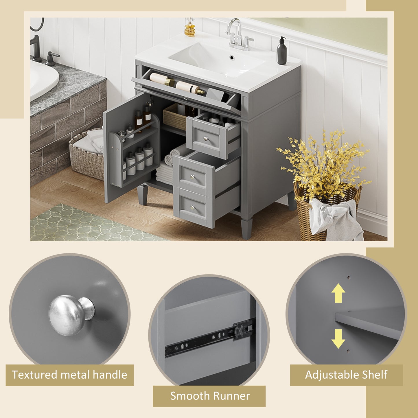 30 Bathroom Vanity With Top Sink, Modern Storage Cabinet 2 Drawers