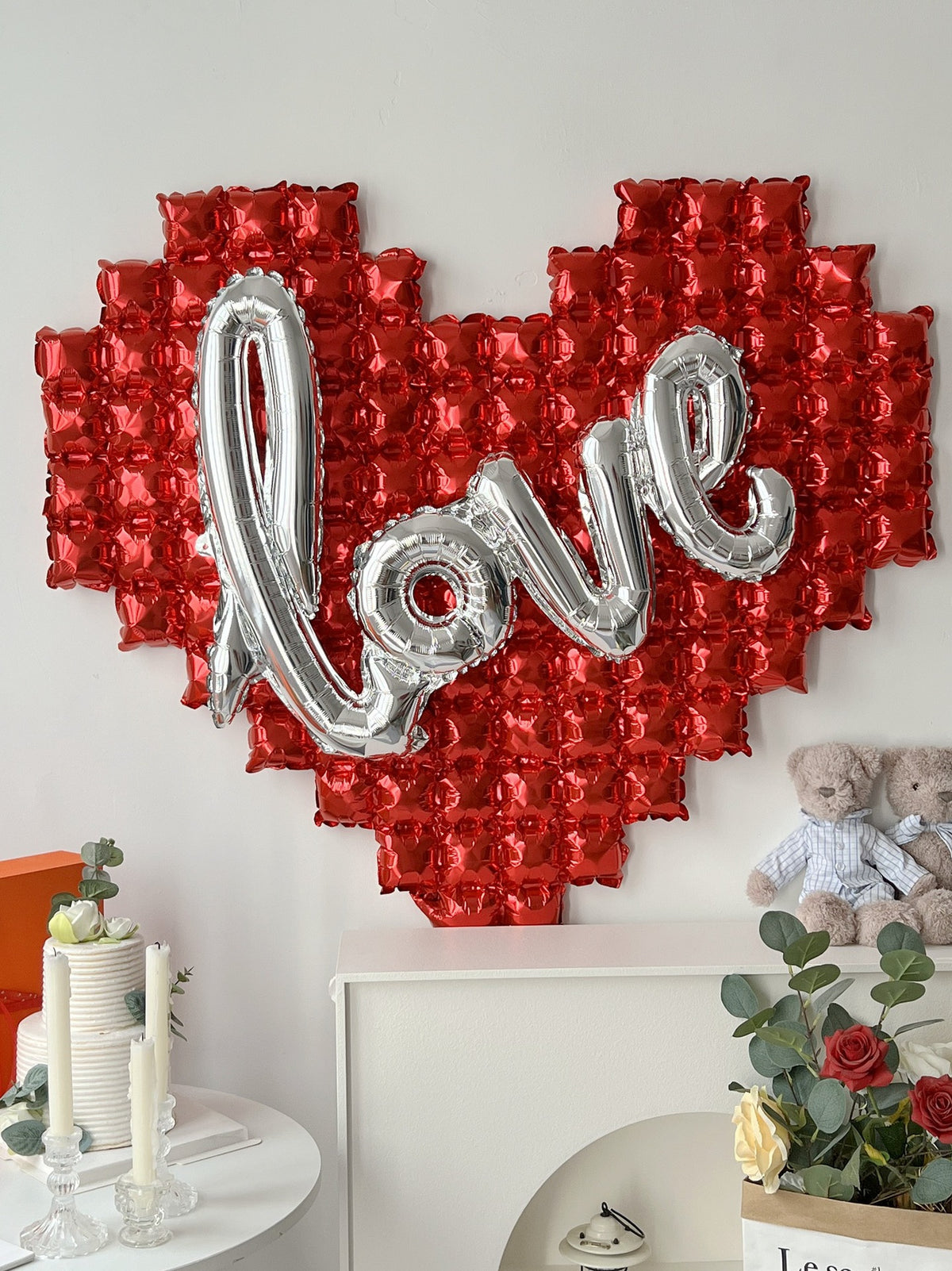 Large Birthday Party Wall Background Balloon - Red & Silver Heart Shapes