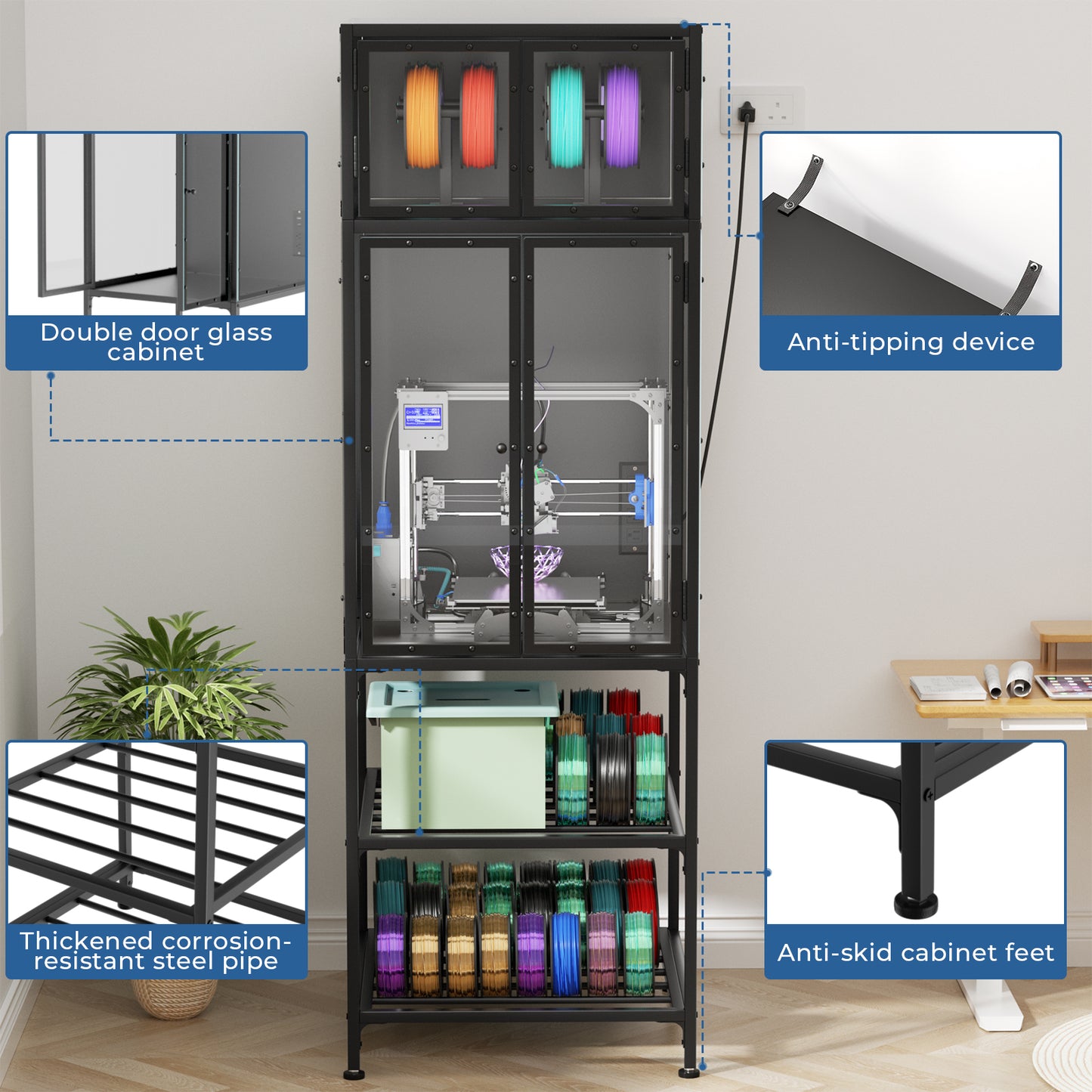 3D Printer Cabinet with Filament Storage Rack - Black