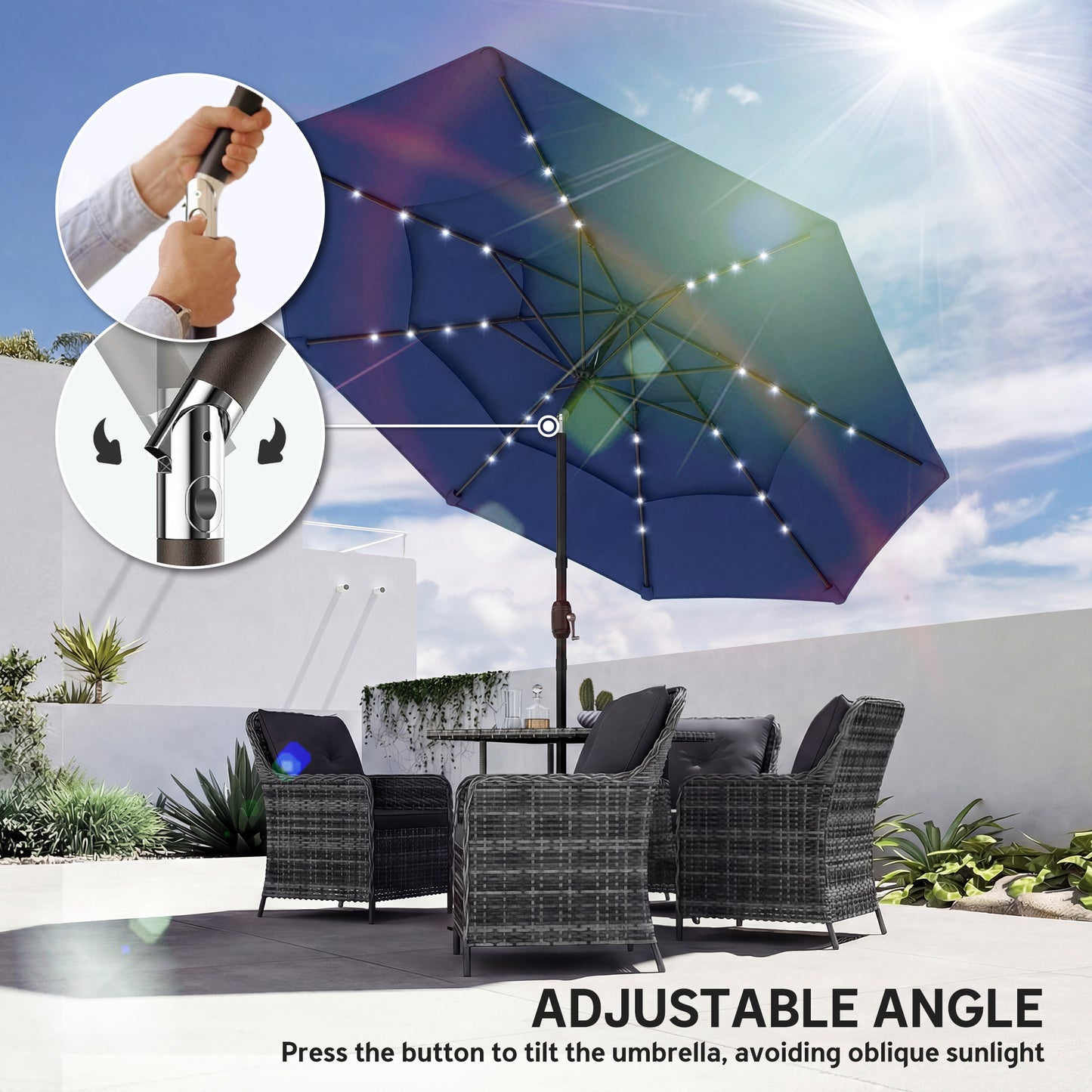 9.7 ft Outdoor Patio Umbrella with Solar LED Lights - Navy Blue
