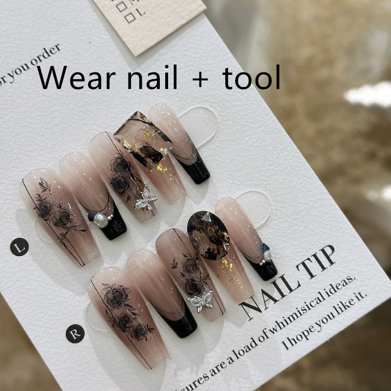 Handmade Long Camellia Press-On Nail Tips with Floral Bow Designs
