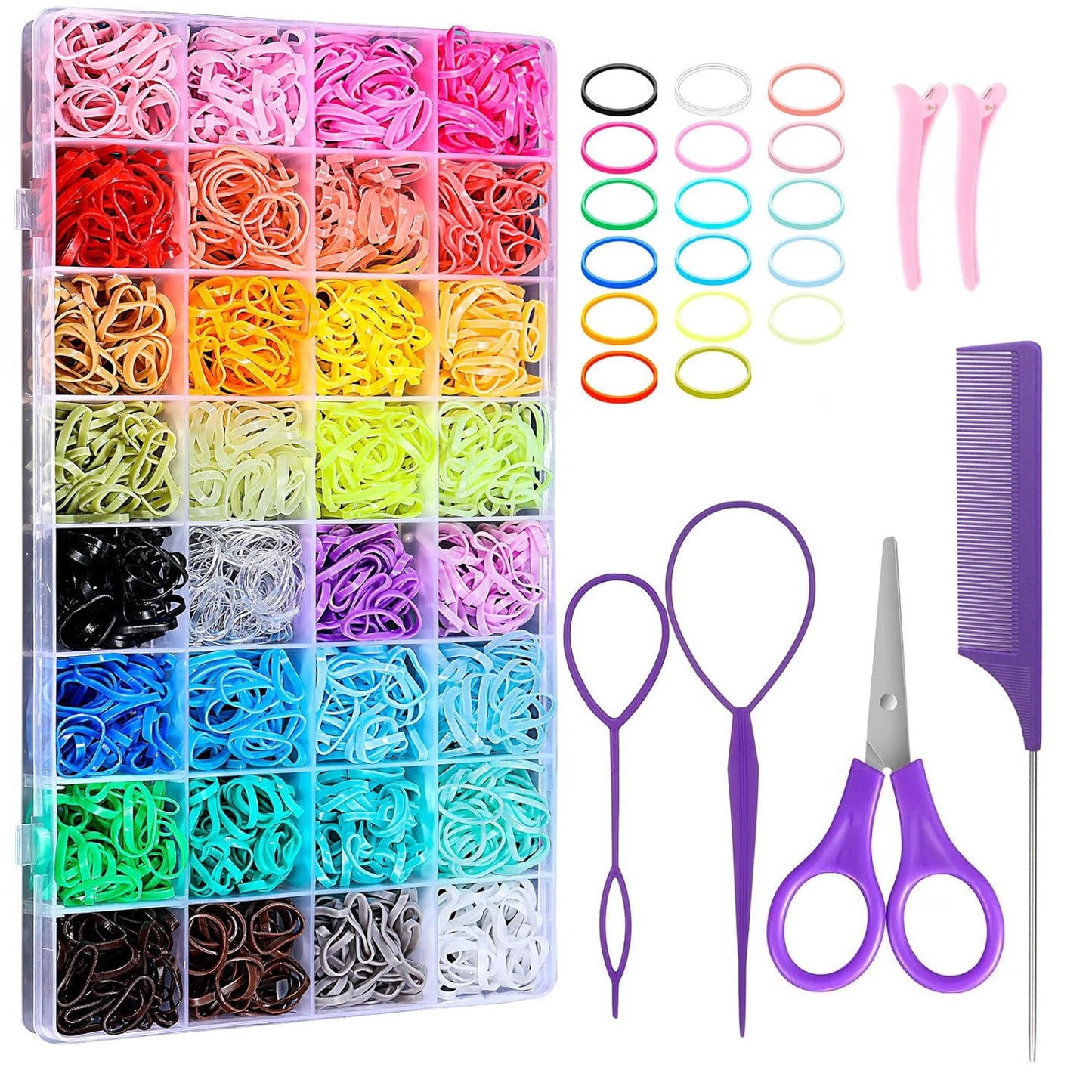 Colorful Hair Elastics Set with Styling Tools for Kids & Teens - 2000 Pcs