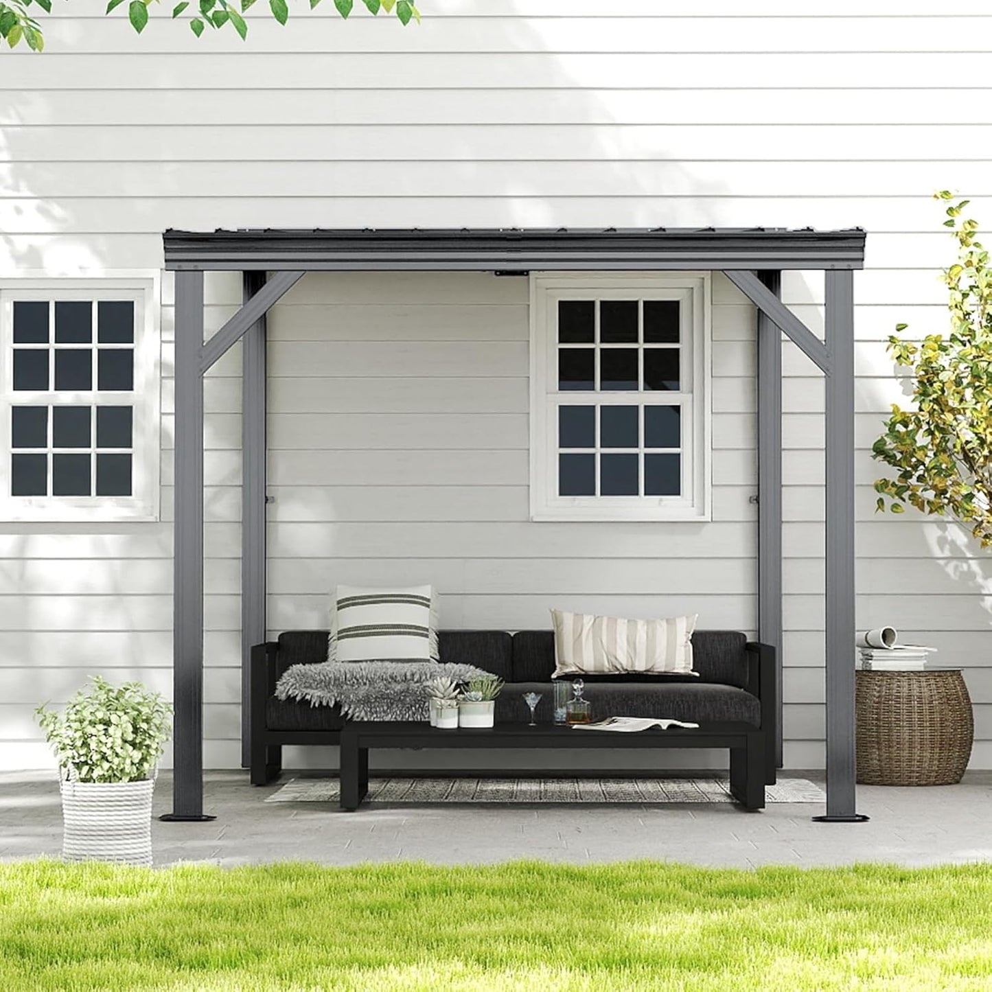 8x8 Lean To Gazebo with Galvanized Steel Sloped Roof Wall-Mounted Patio Cover Gray