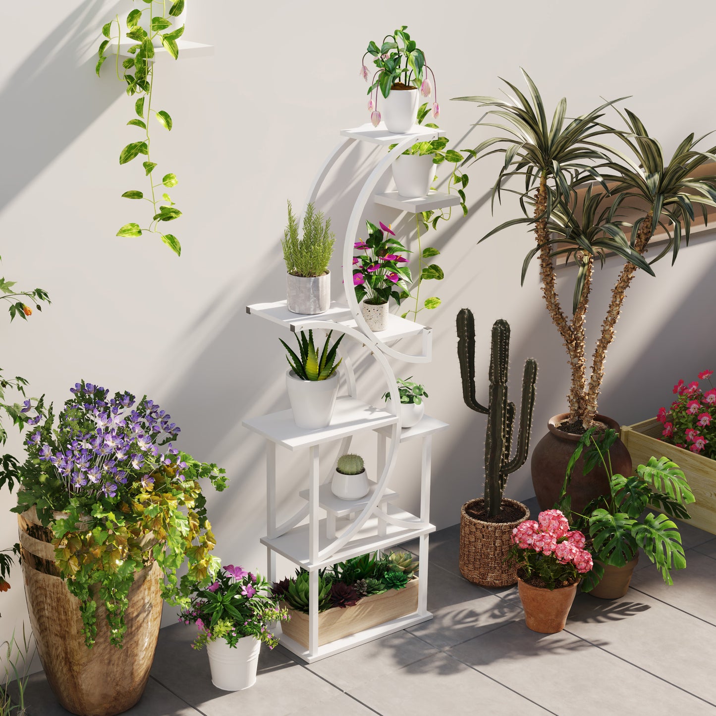 8-Tier Indoor Plant Stand Corner Shelf - White S-Shaped Multi-Level Garden Rack
