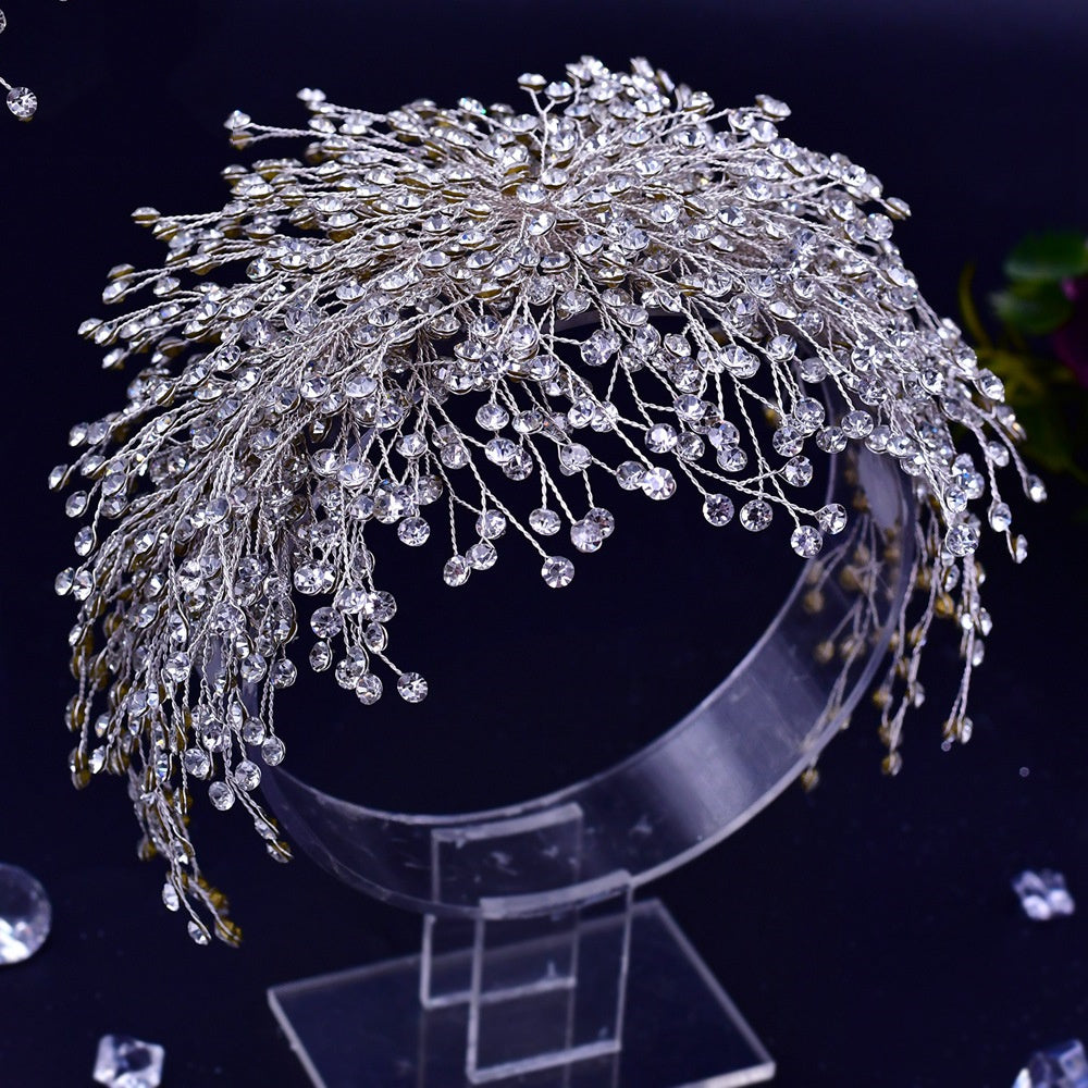 Rhinestone Flower Wedding Headband - Silver