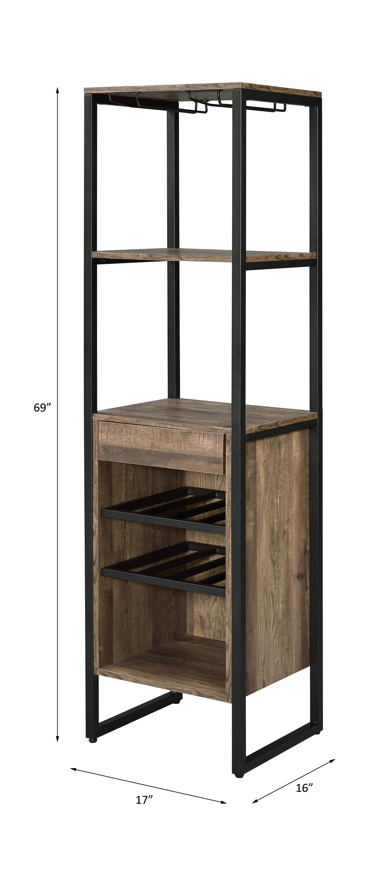 Narik Weathered Oak Finish Wine Rack with Storage Drawers