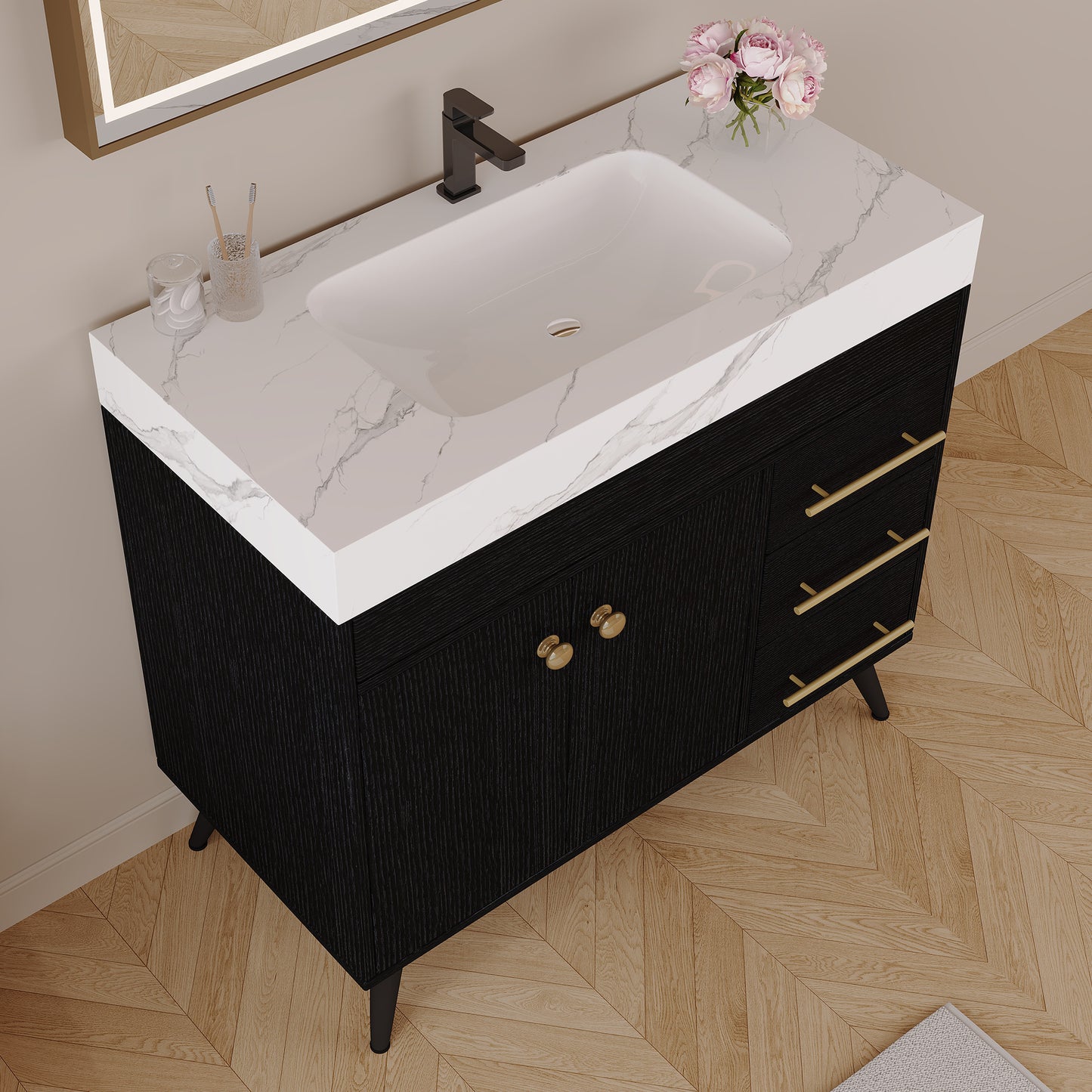 36" Freestanding Bathroom Vanity with Ceramic Sink & Faux Marble Top - Black/White