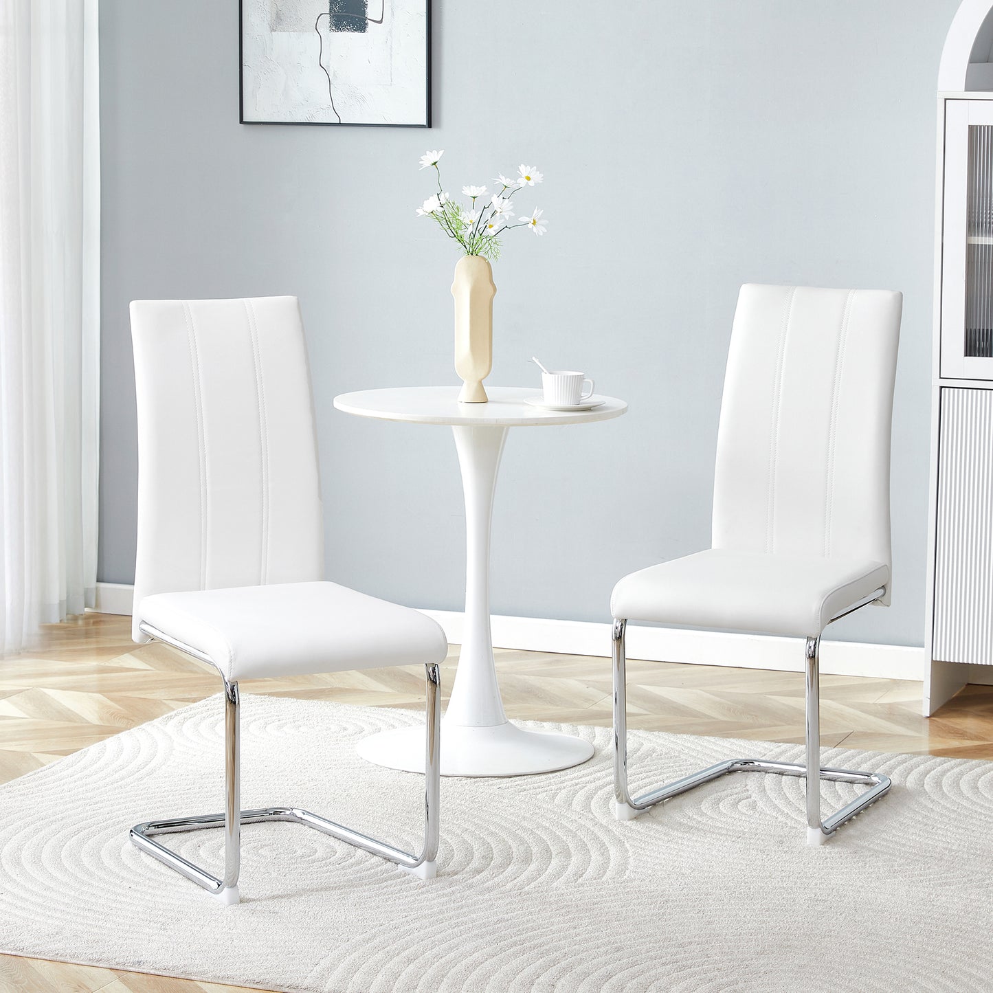 4-Pack White PU Upholstered Dining Chairs - Modern High-Back Side