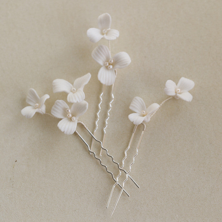 Ceramic Flower Freshwater Pearl Hair Fork - 3pc Set
