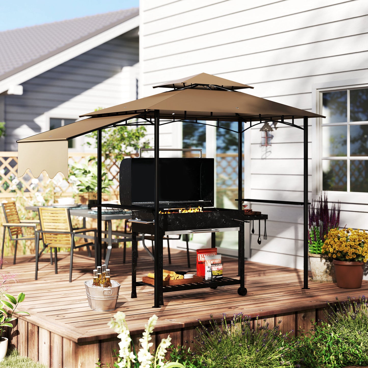 Outdoor Grill Gazebo with Side Shelves & Hooks - Brown
