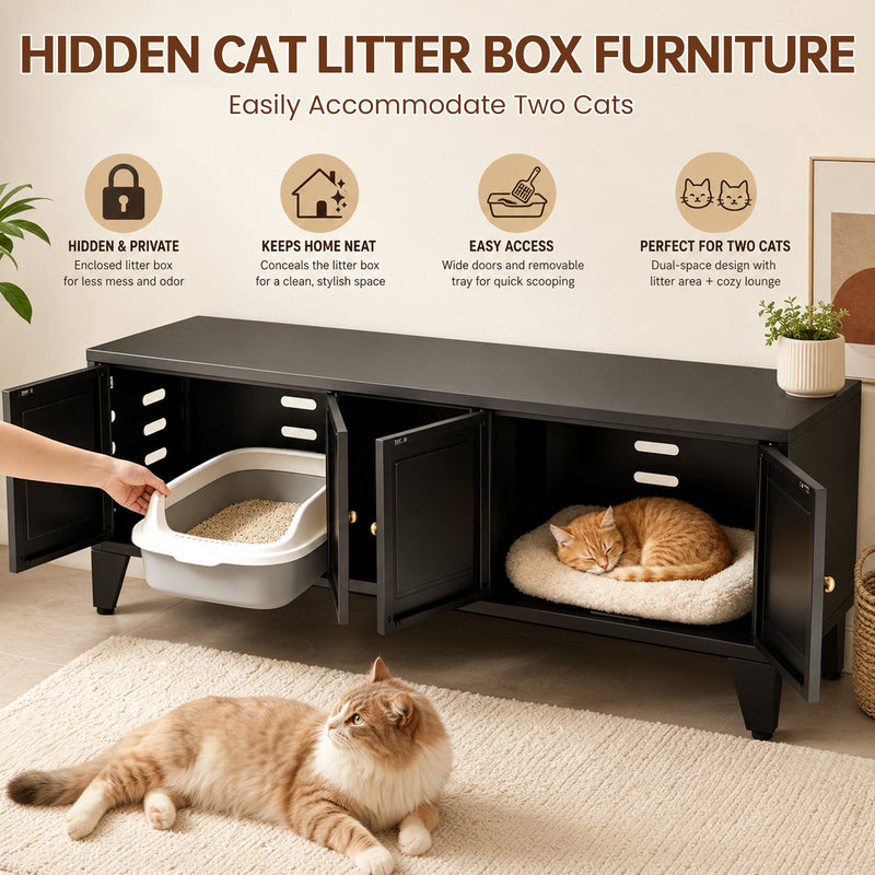 58in Metal Cat Litter Box Enclosure with Ventilation & Storage - Black Modern Pet House & TV Stand
