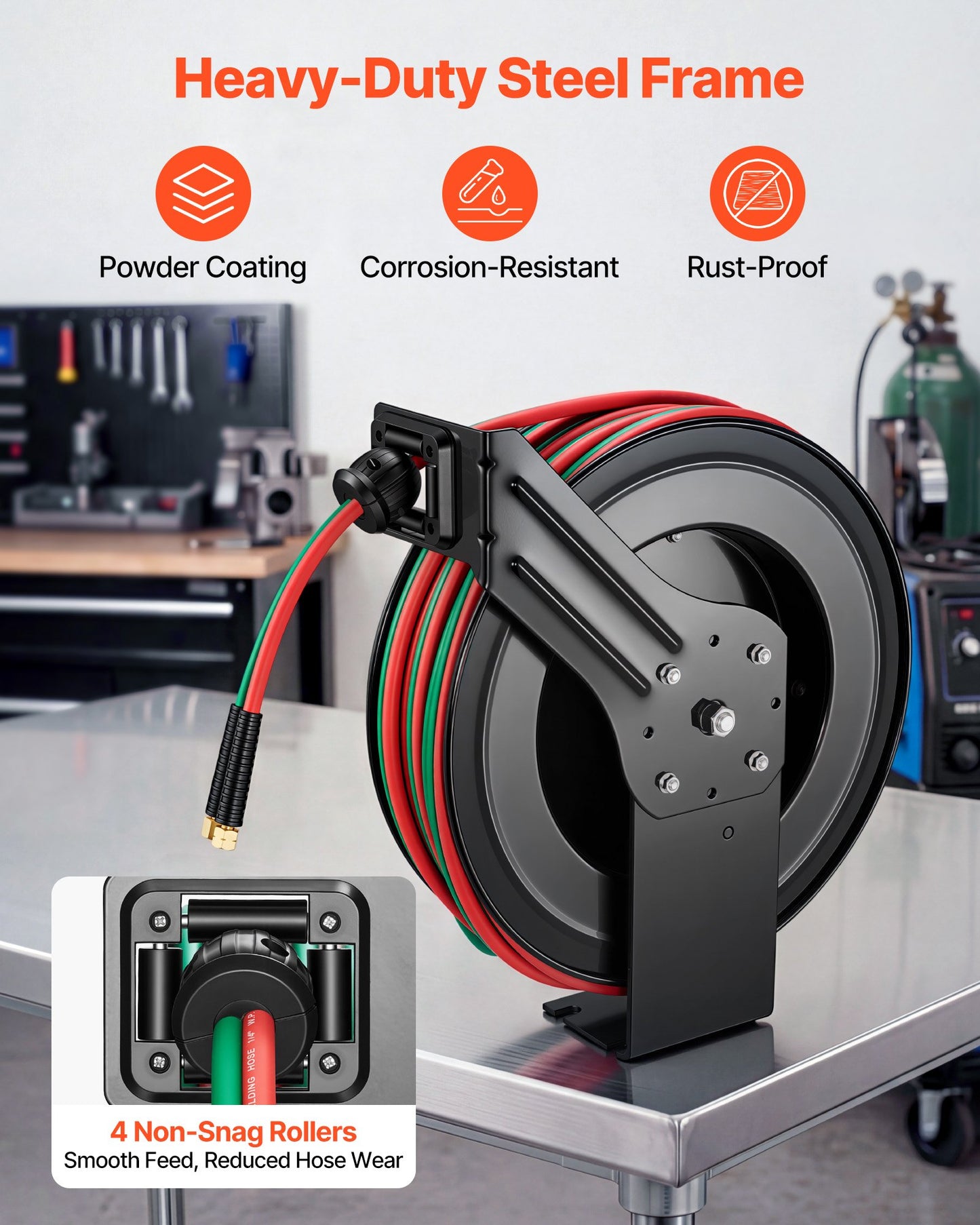 Retractable Welding Hose Reel 1/4 Inch x 100FT Steel Wall Mount Auto-Rewind
