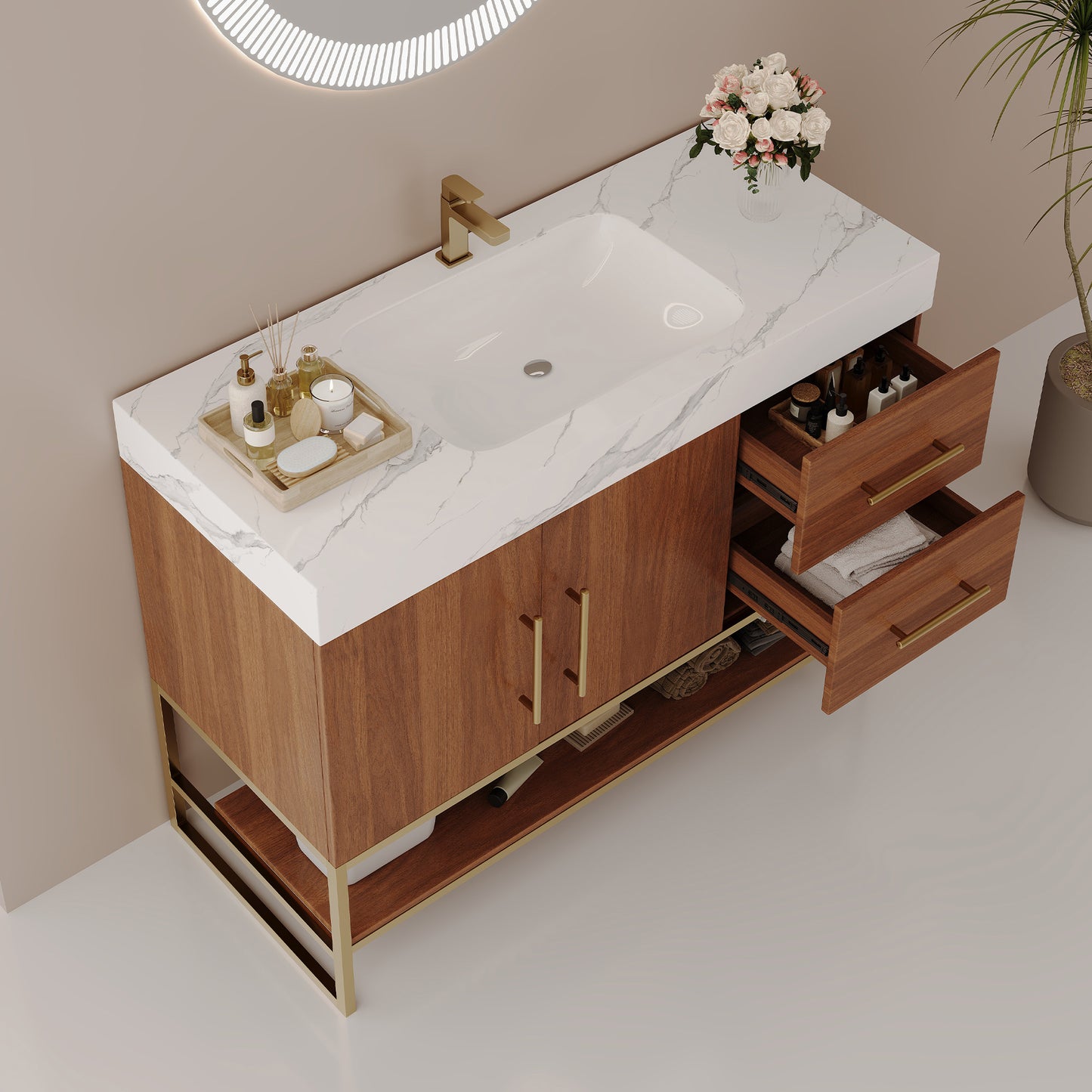 36" Modern Free-Standing Bathroom Vanity with Seamless Sink - Gold, Walnut, White