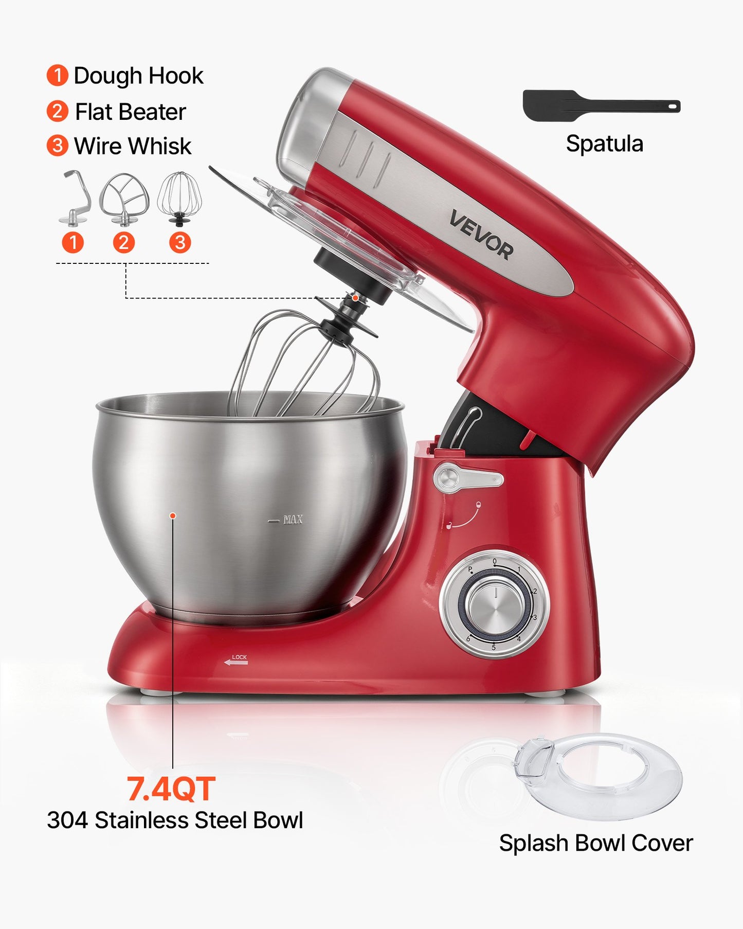 7.4 Qt Tilt Head Stand Mixer 500W Electric Food Mixer with Stainless Steel Bowl