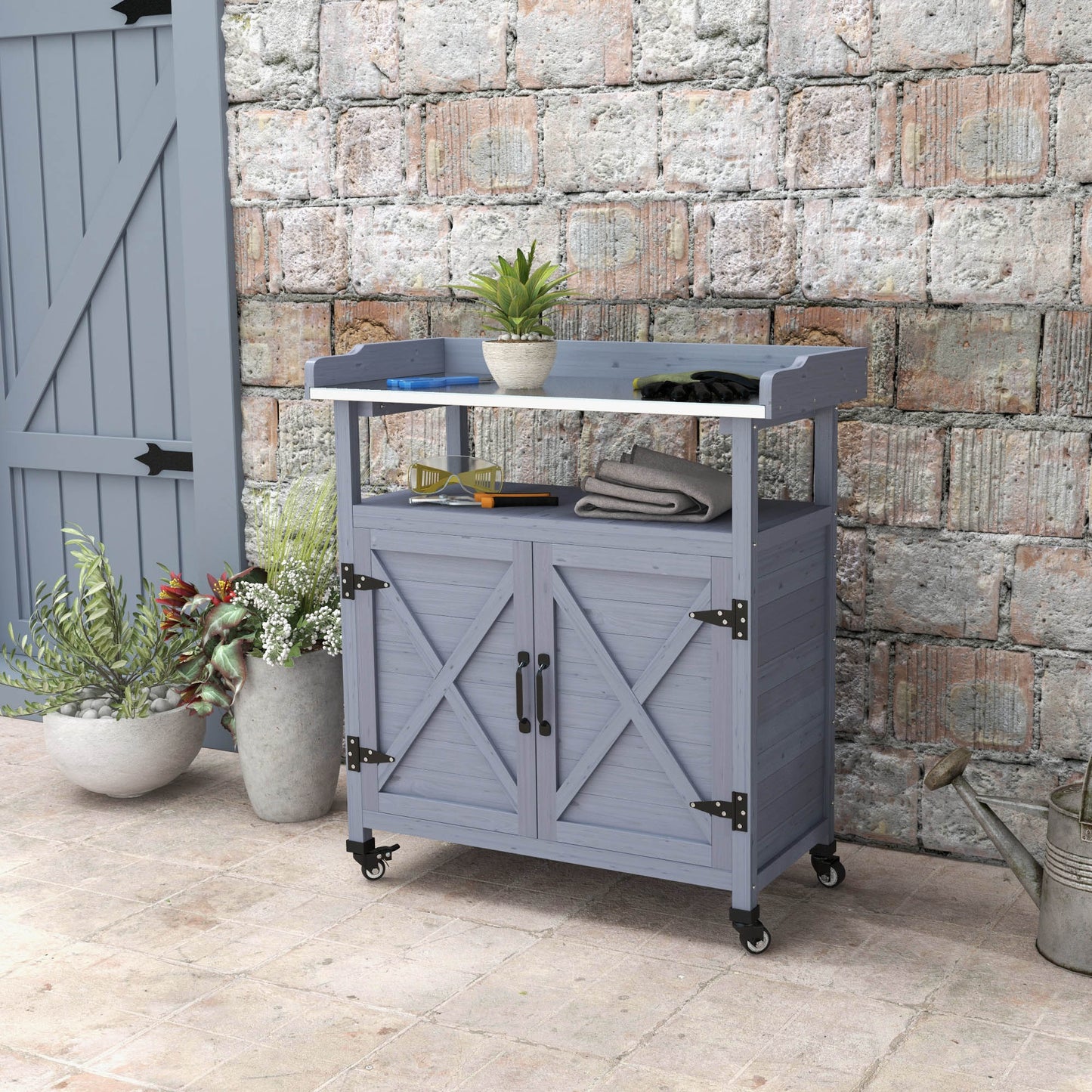 Outdoor Wooden Potting Bench with Storage Cabinet and Movable Wheels, Gray