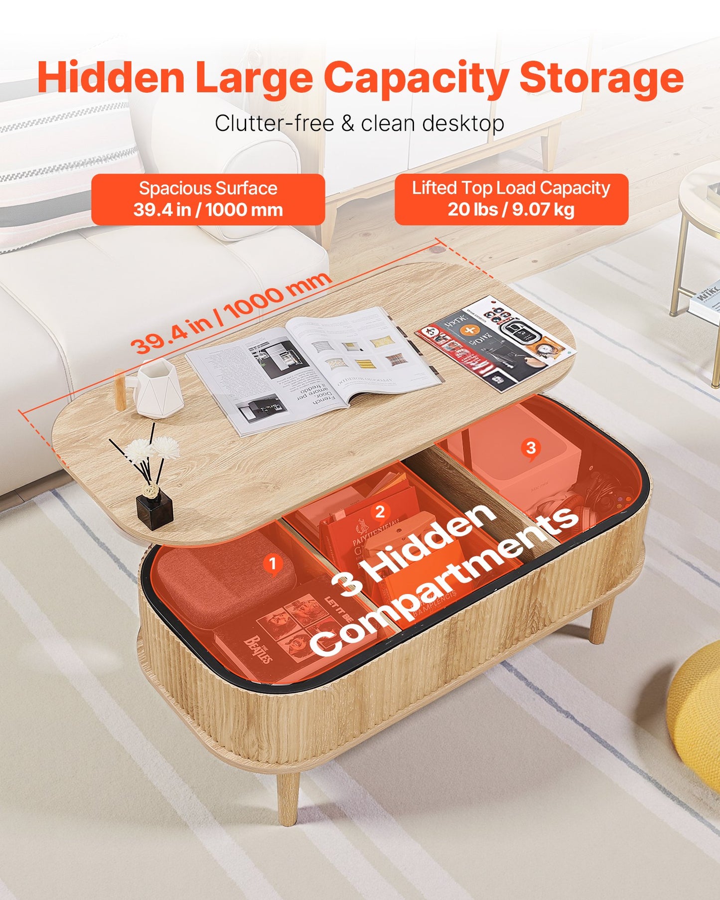 Lift Top Coffee Table with Hidden Storage - Mid Century Wooden Oval Design