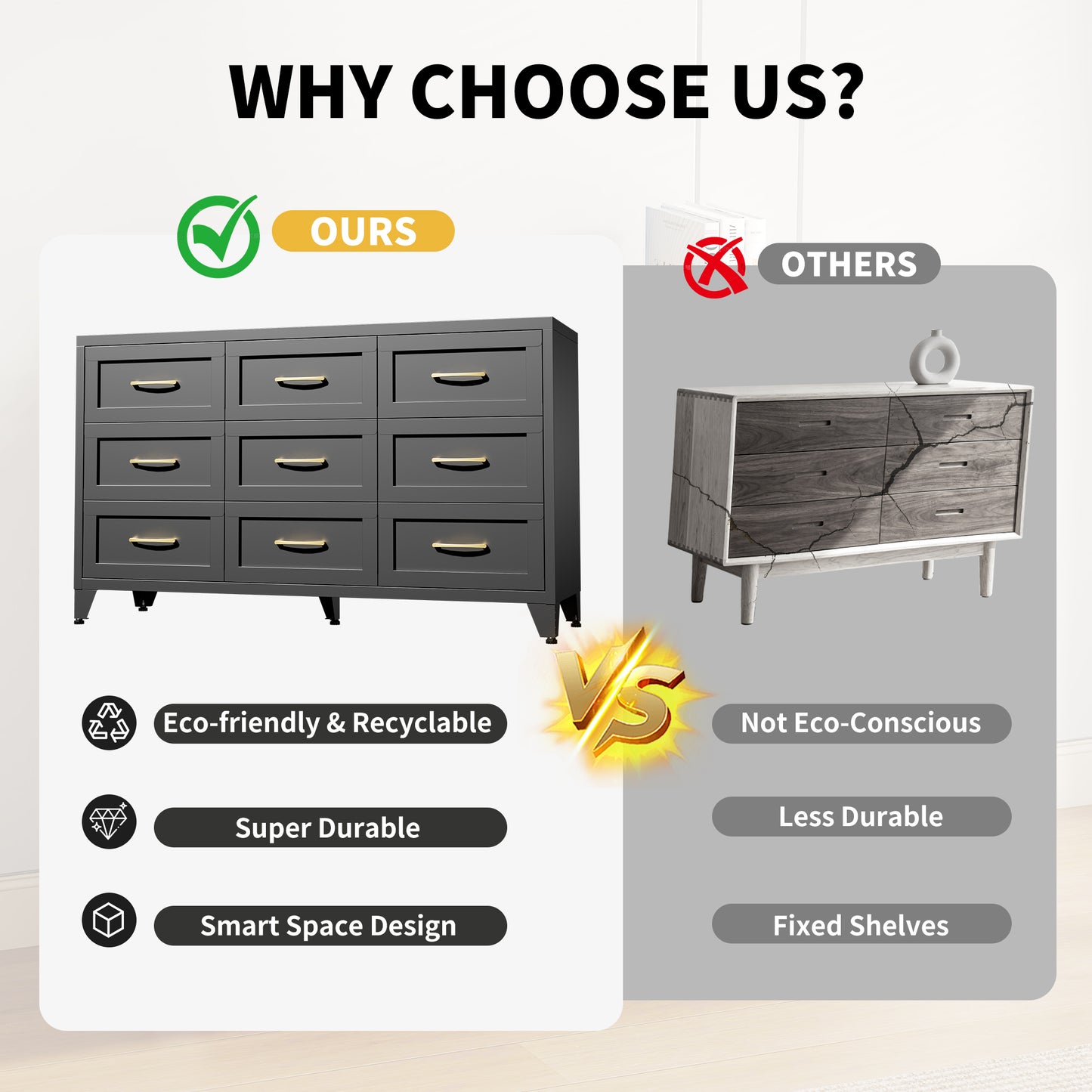 9-Drawer Metal Dresser for Bedroom - Black Storage Chest