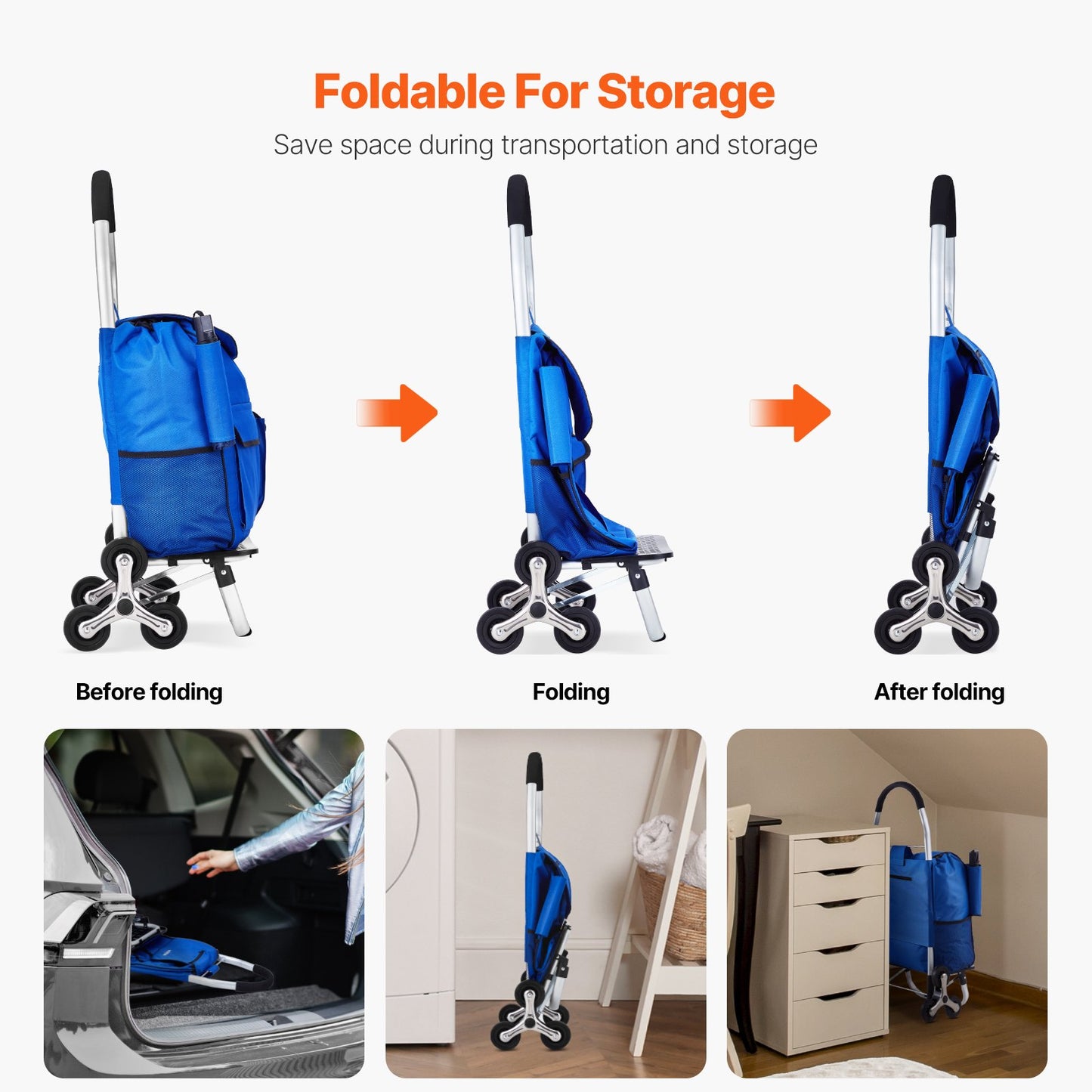 Foldable Stair Climbing Shopping Cart 36L with 6 Wheels & Storage Bag