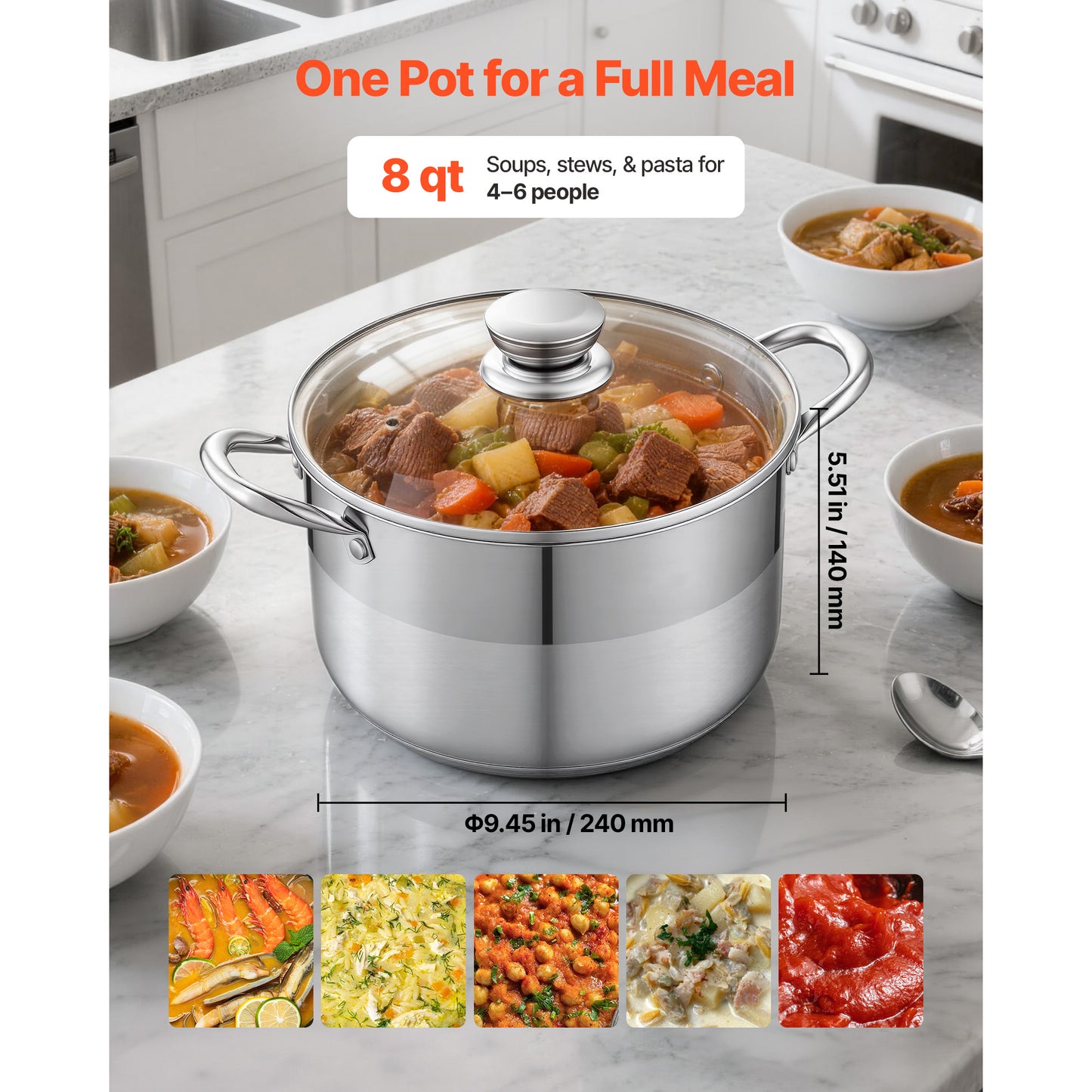 8-Quart Stainless Steel Stock Pot with Glass Lid for Soups & Pasta