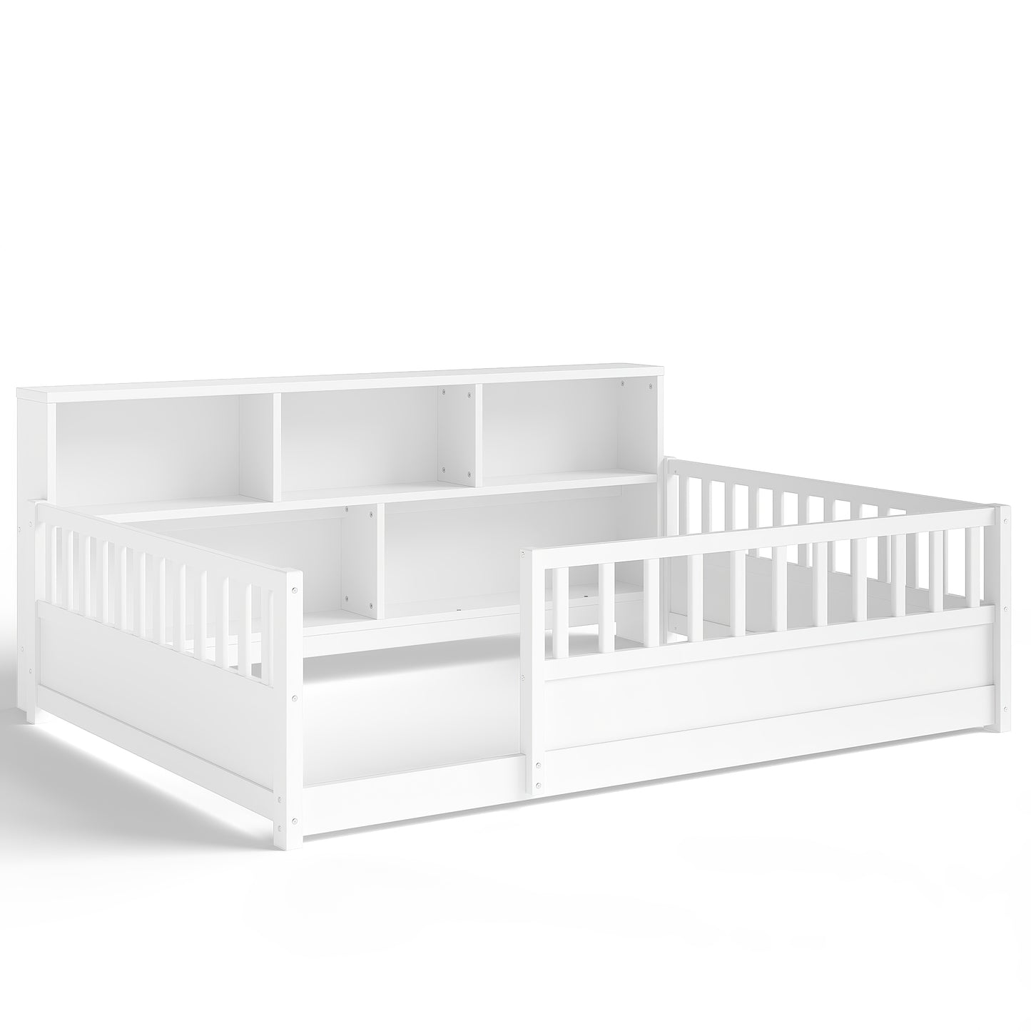 Full-Sized Wooden Floor Bed with Fence Guardrail and Storage - White