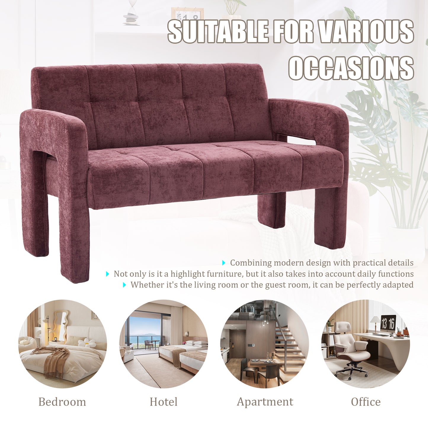 Nordic Modern Double Armchair - Compact Upholstered Sofa in Wine Red