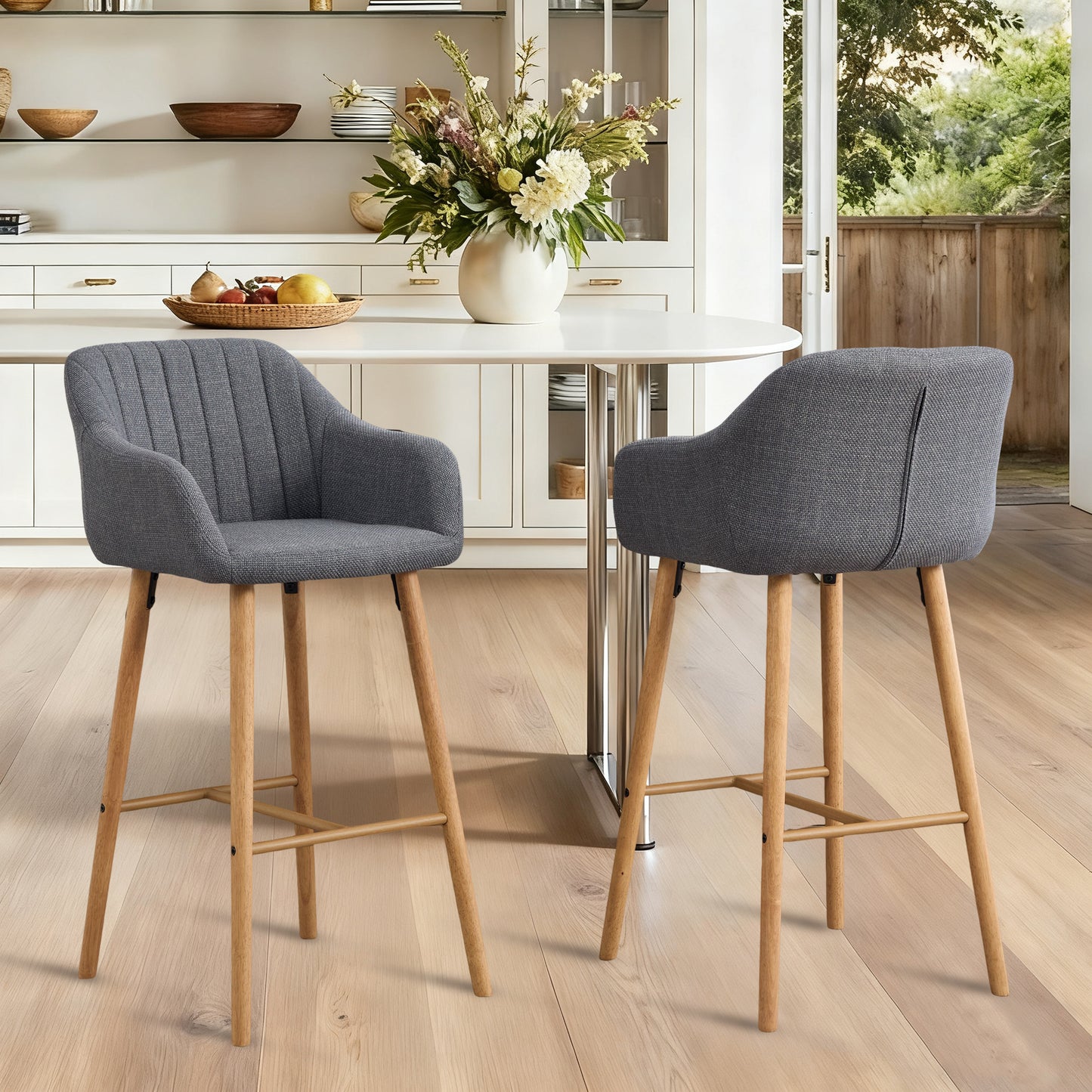 Modern Bar Stools Set of 2 - Gray Linen Upholstered Chairs